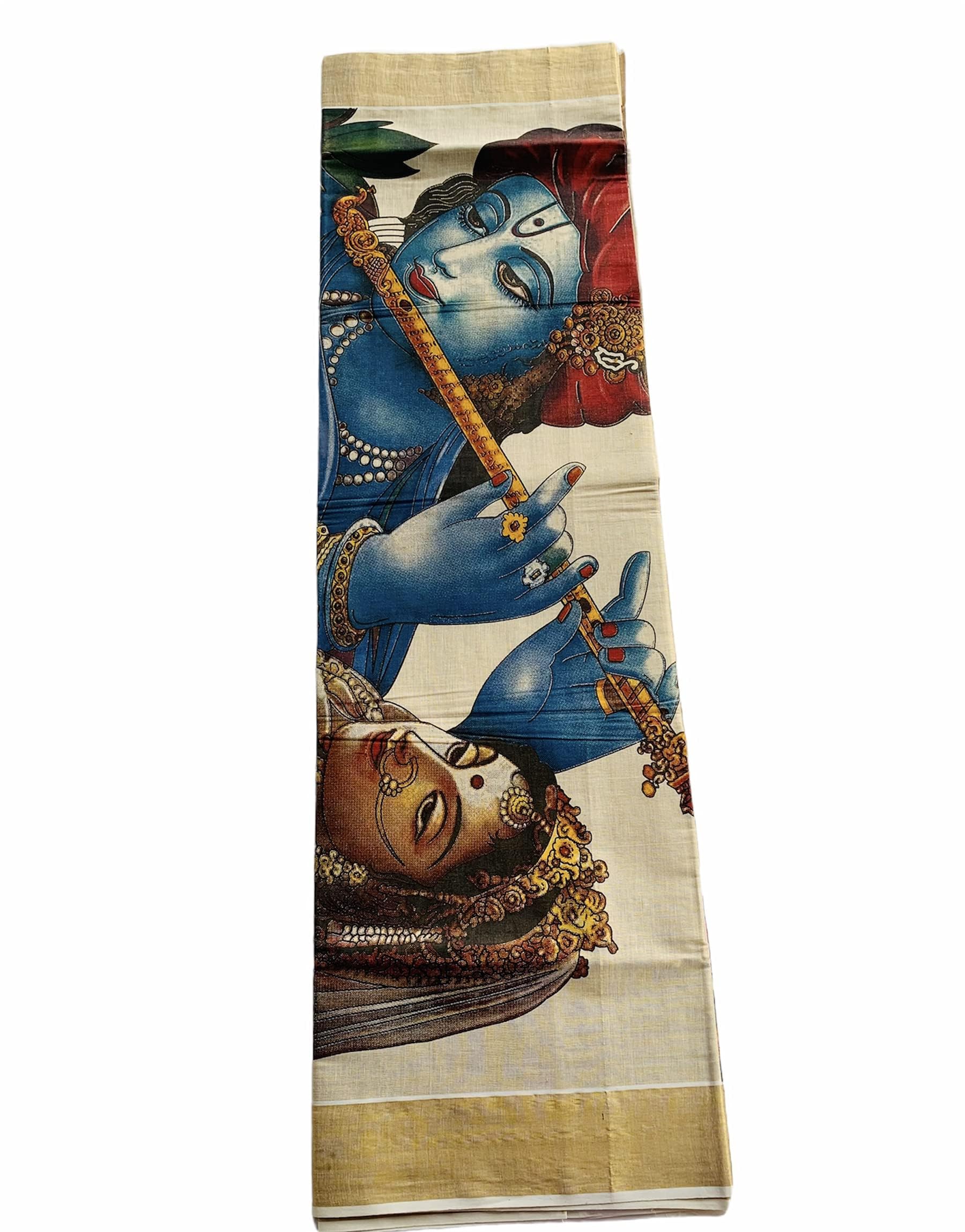 Women's Kuthampully Kerala Kasavu Saree Tissue Mural Painted Lord Radha Krishna with Running Blouse - Multi Color KTM-636