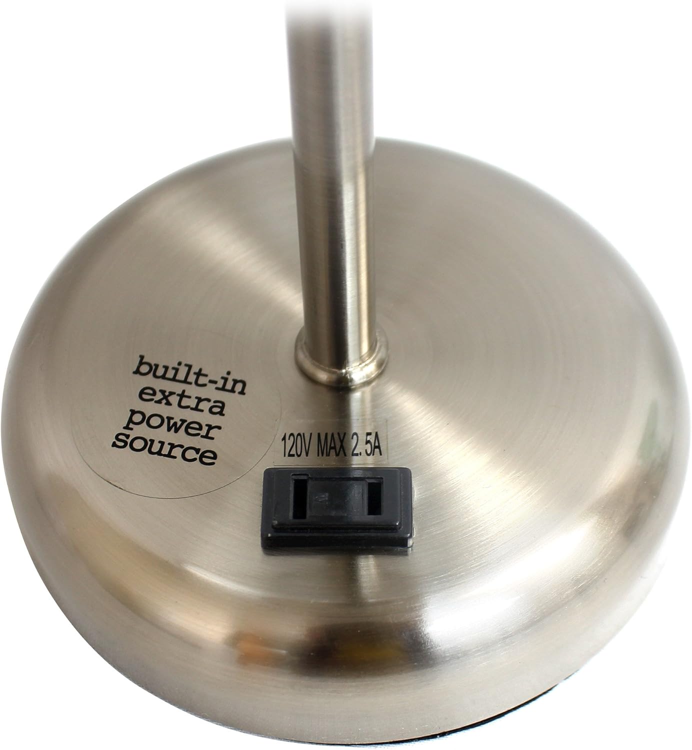 SIMPLE DESIGNS LT2024 Brushed Steel Stick Table Desk Lamp with Charging Outlet and Drum Fabric Shade