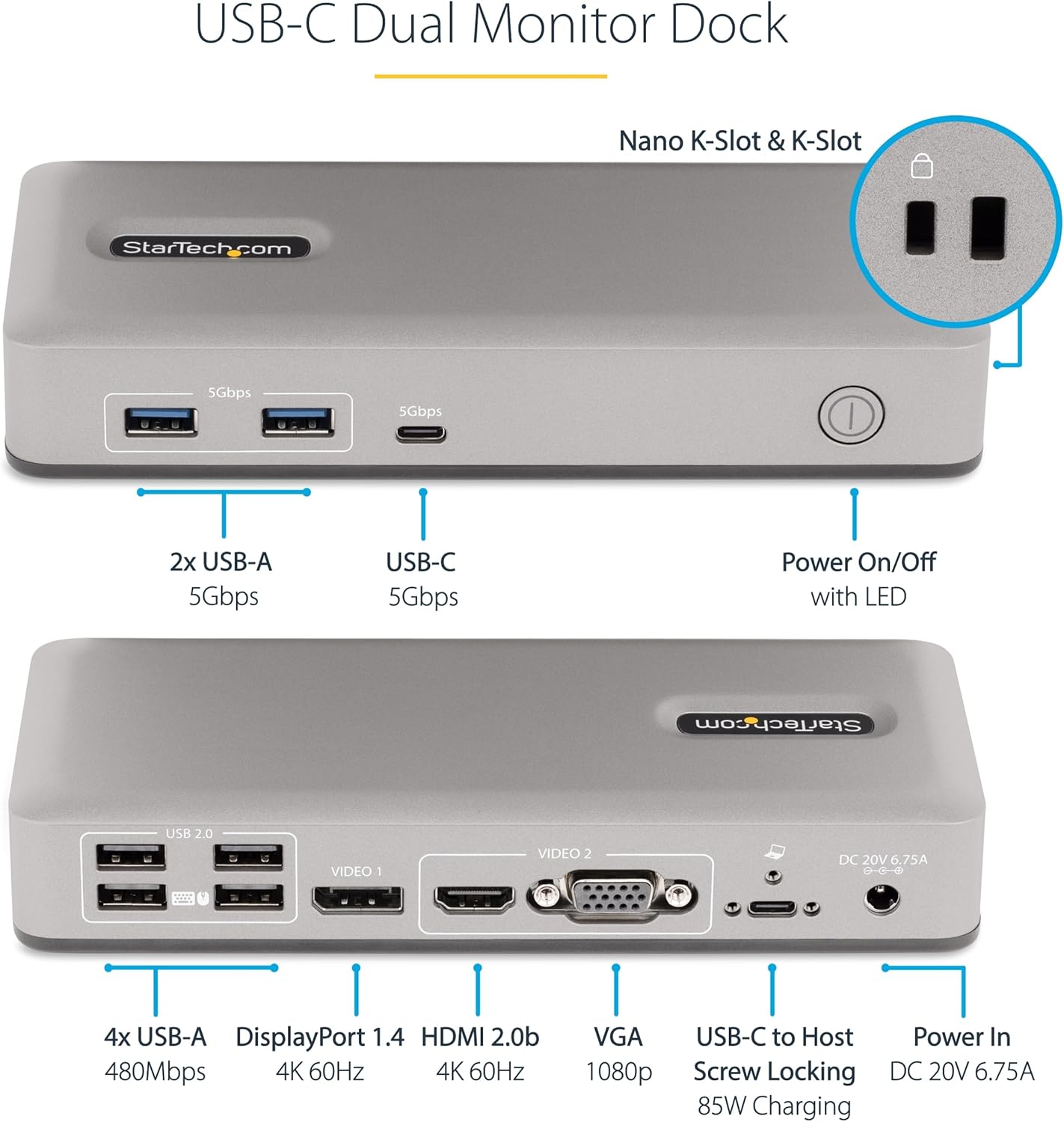 StarTech.com Dual-Monitor USB-C Docking Station, DisplayPort & HDMI or VGA, Multi Monitor Dock up to 4K 60Hz - USB 3.2/3.1 (5Gbps) Type-C Dock - 7X USB Hub, 85W PD, Windows & ChromeOS, TAA