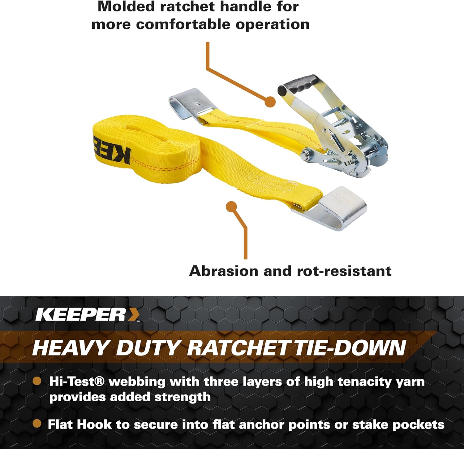 Keeper – 2” x 27’ Heavy Duty Ratchet Tie-Down with Flat Hooks - 3,333 lbs. Working Load Limit and 10
