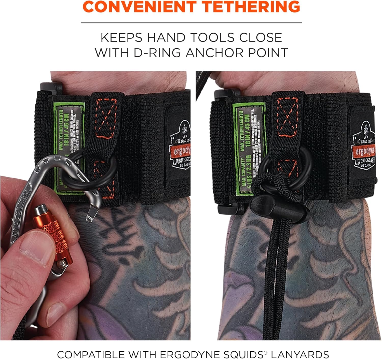 Ergodyne Squids 3123 Tool Wristband with D-Ring Tool Lanyard Tethering Attachment Point, Tool Weight Rating 5lbs
