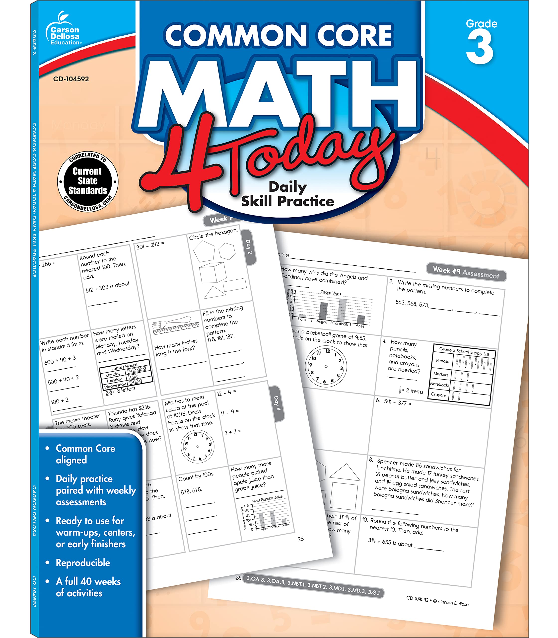 Carson Dellosa Common Core Math 4 Today 3rd Grade Workbooks, Telling Time, Fractions, Addition, Subtraction, Multiplication