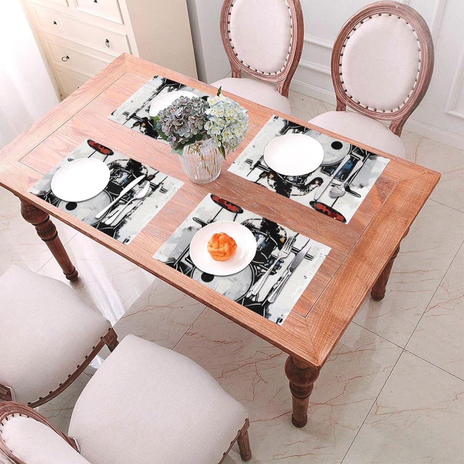 Drummer Printed PVC Woven Placemats Set of 4 PCS - Heat Resistant Cloth Place Mats Kitchen Dining Table Mat