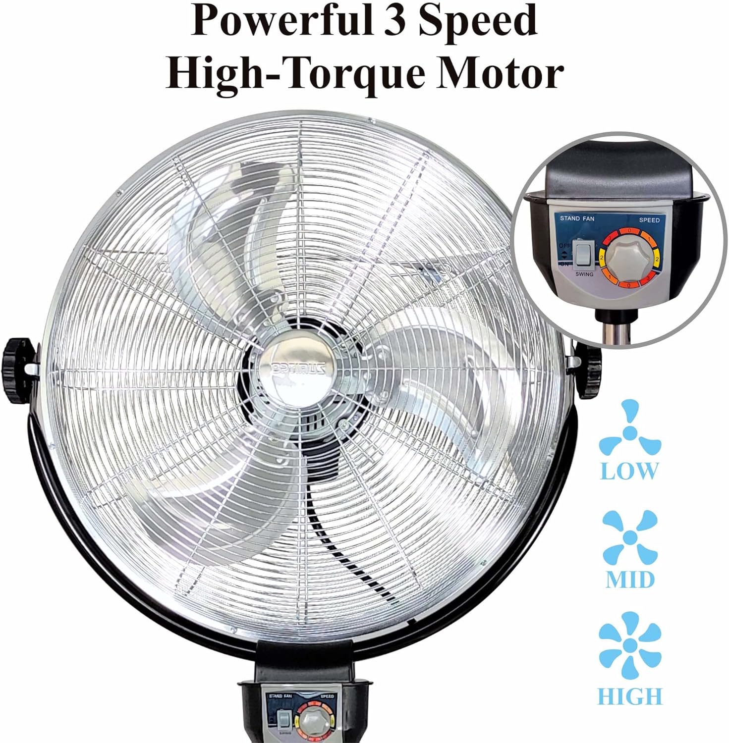 Optimus 20in Adjustable Industrial-Grade HV Oscillating Stand Fan With Chrome Grill, 30in x 24in, Black