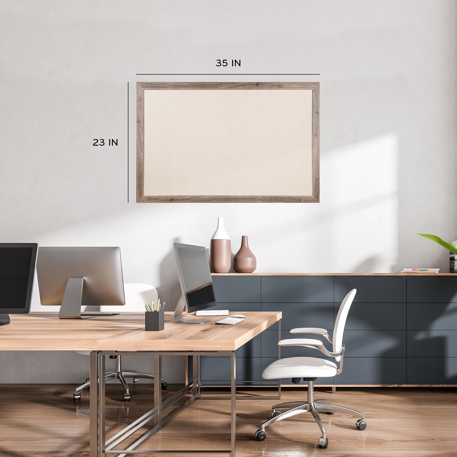 U Brands Linen Bulletin Board, 35"x23", Rustic Wood Style Frame, Industrial Grade Pinning Surface 36" x 24"