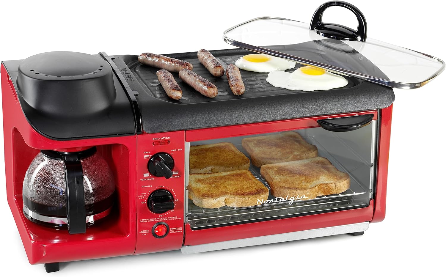 Nostalgia 3-in-1 Breakfast Station - Coffee Maker, Non-Stick Griddle, 4-Slice Toaster Oven