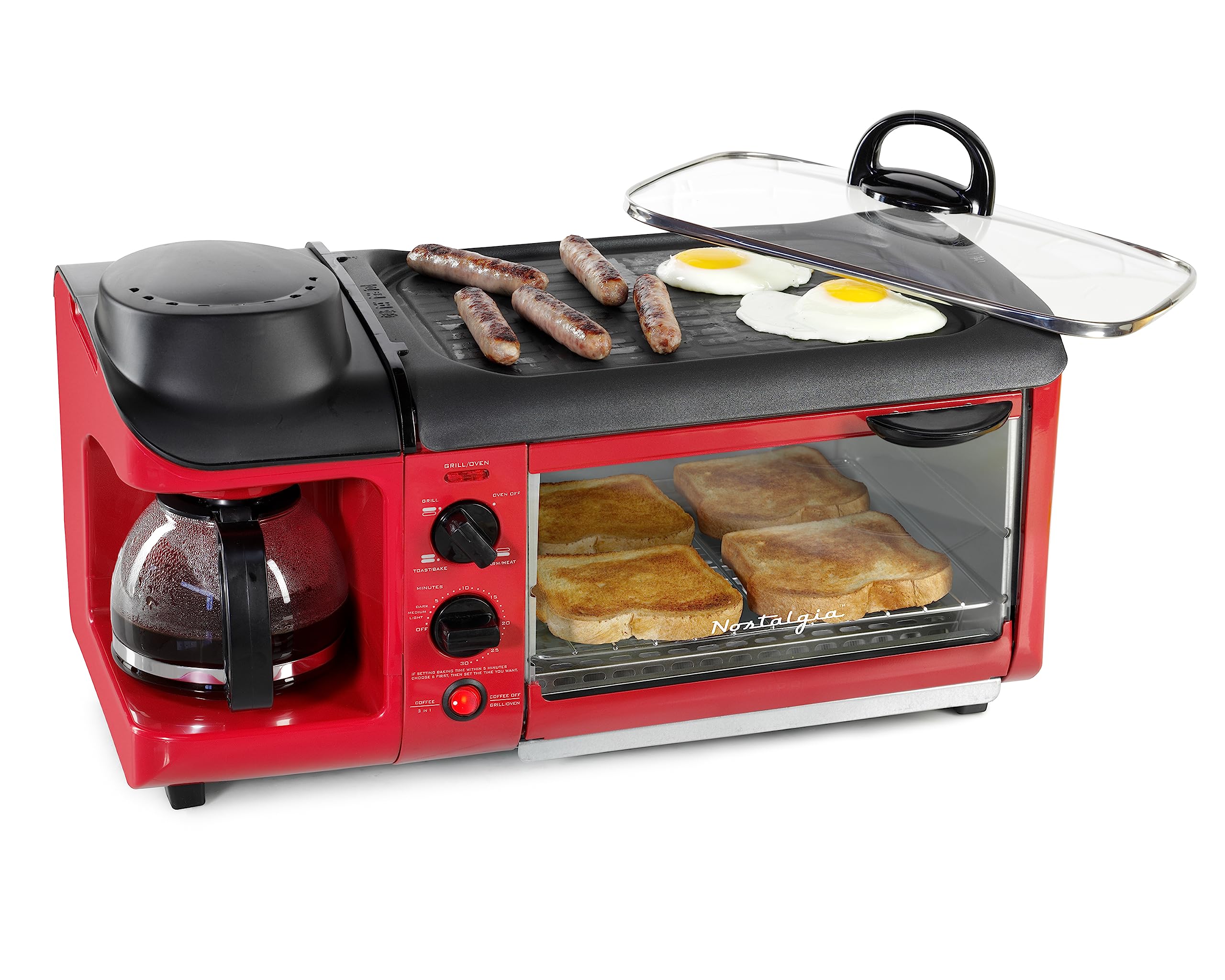 Nostalgia 3-in-1 Breakfast Station - Coffee Maker, Non-Stick Griddle, 4-Slice Toaster Oven