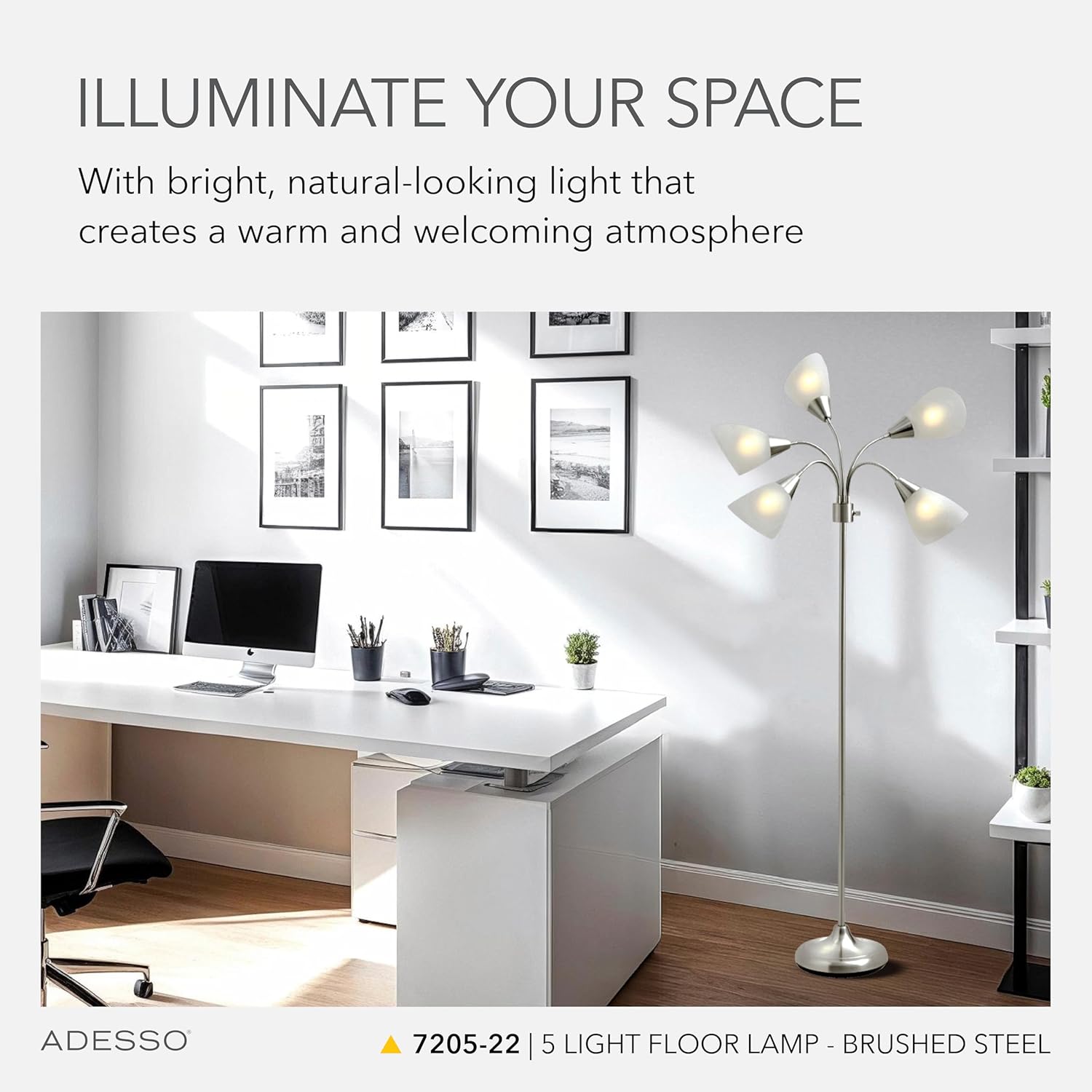 Adesso 7205-22 Multi-White Shade Floor Lamp, Adjustable Gooseneck Arms, Silver