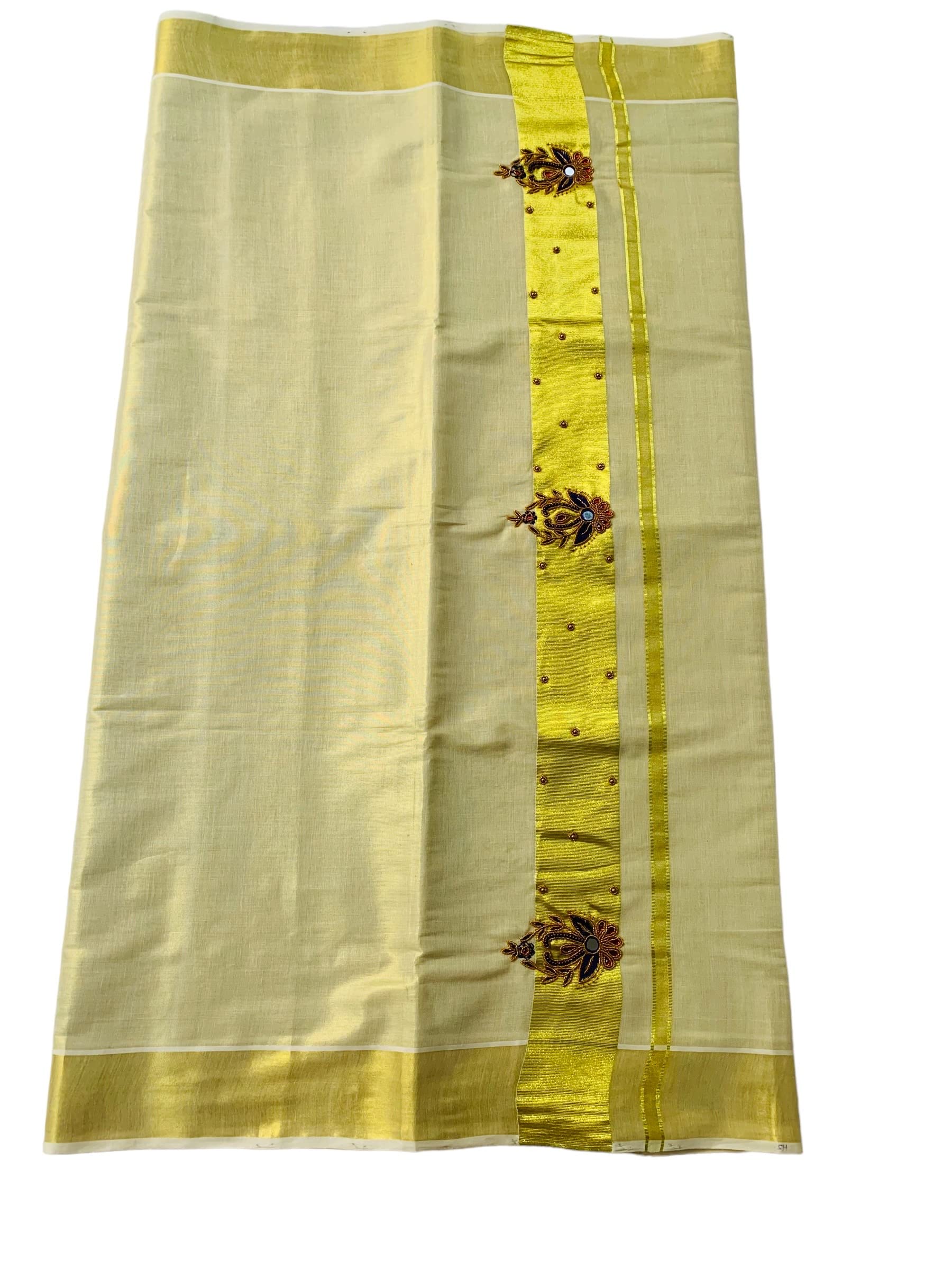 ALLUVY Kuthampully Kerala Kasavu Sarees For Women | Handcrafted Aari work Kerala Sarees | Tissue Onam Saree With Running Blouse | South Indian Sarees | Women's Zari Kasavu | EKM-528 (Blue)