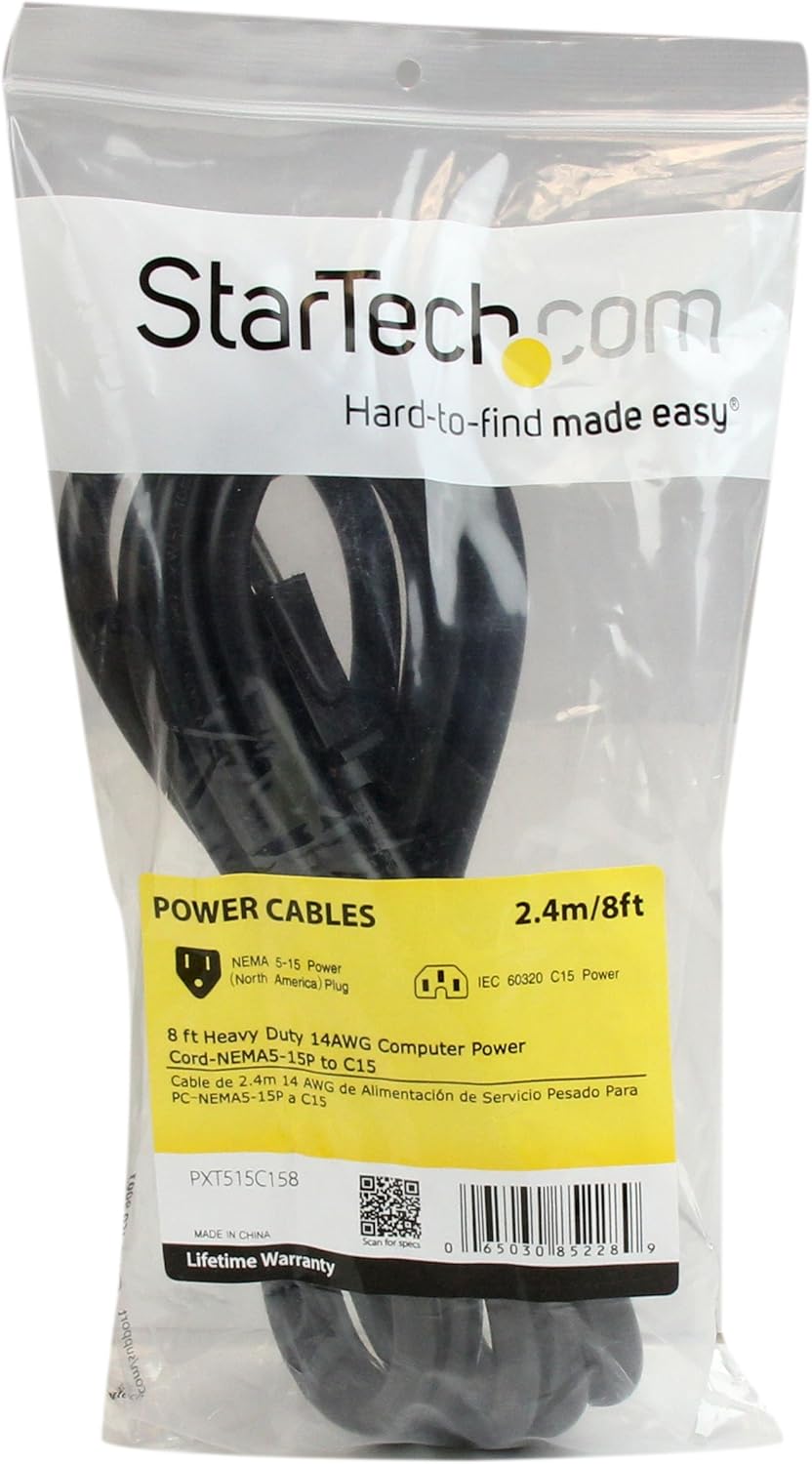 StarTech.com Heavy Duty NEMA 5-15P to C15 Power Cord, 14AWG, 15A 125V
