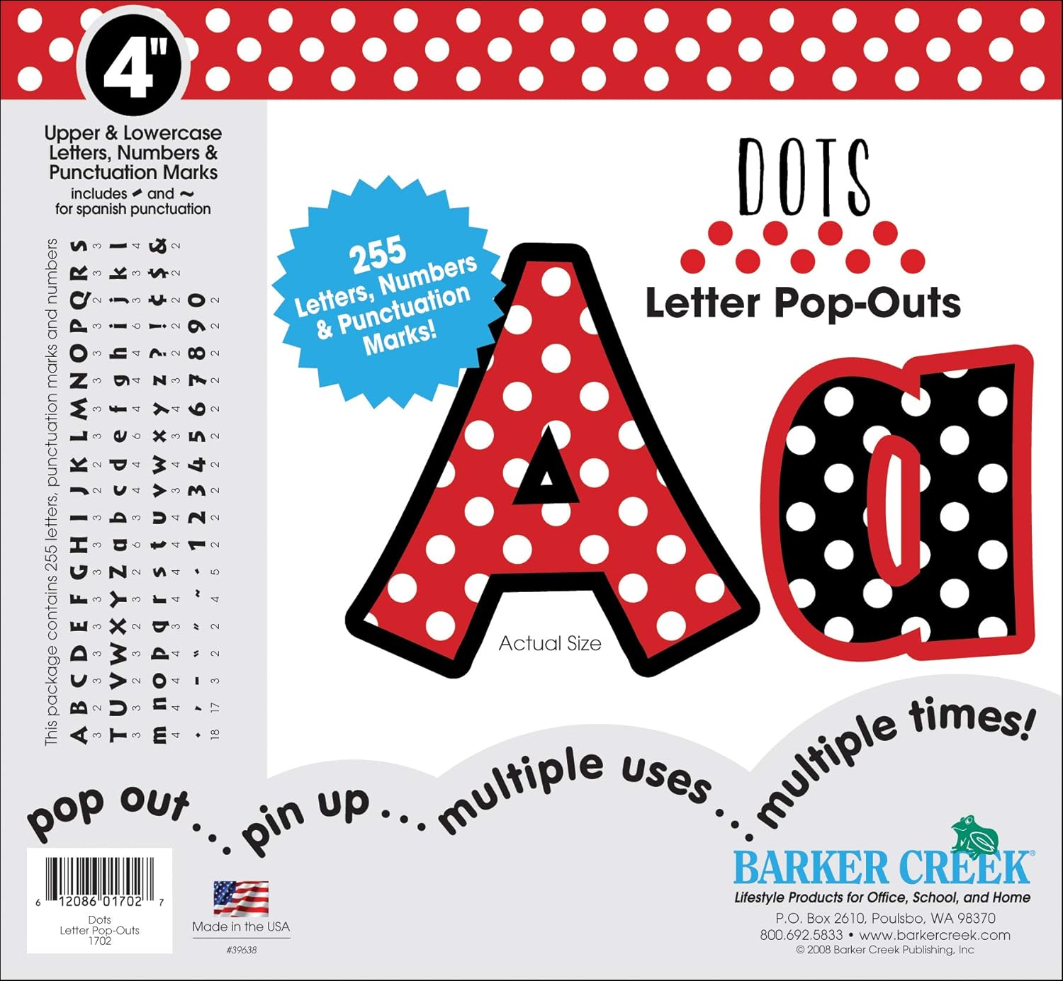 Barker Creek Letter Pop-Outs, 4" Dots, Multicolor Designer Letters for Bulletin Boards, Breakrooms, Reception Areas, Signs