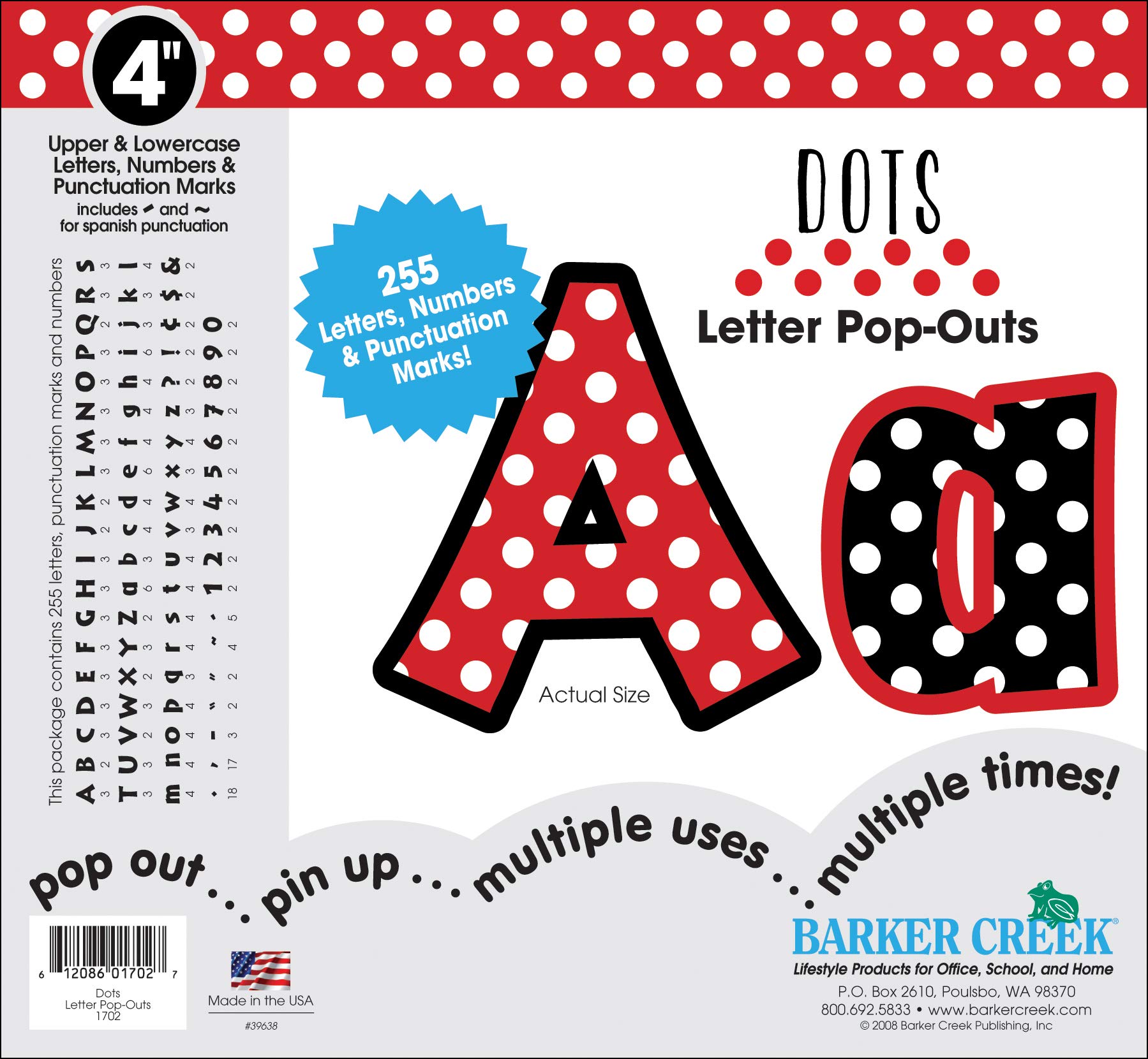Barker Creek Letter Pop-Outs, 4" Dots, Multicolor Designer Letters for Bulletin Boards, Breakrooms, Reception Areas, Signs
