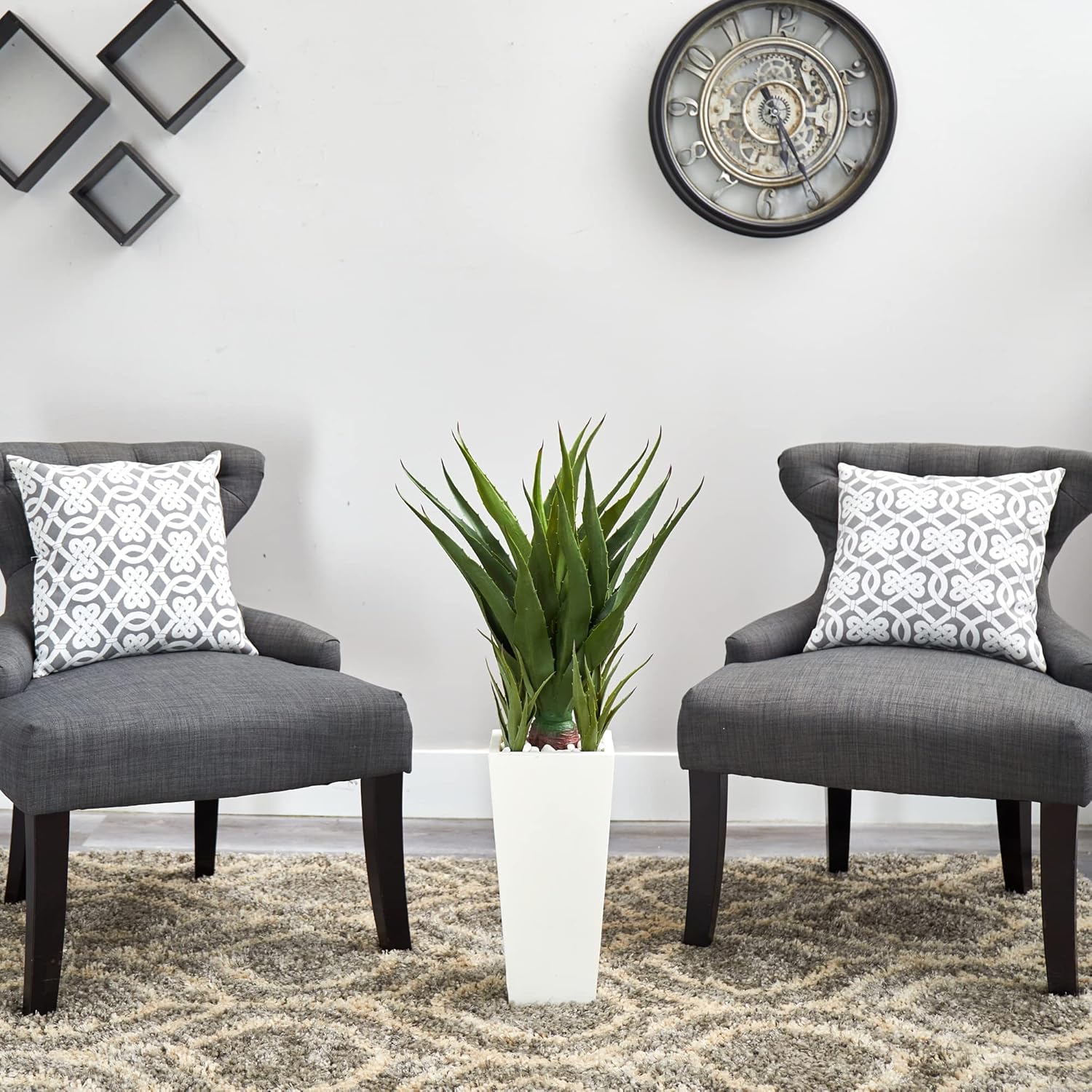 Nearly Natural 40” Spiky Agave Artificial White Planter Silk Plants, Green, 16x16x40