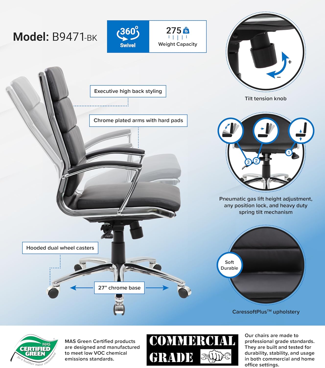 Boss Office Products CaressoftPlus Executive Chair, Traditional, Metal Chrome Finish 30D x 27W x 42H in