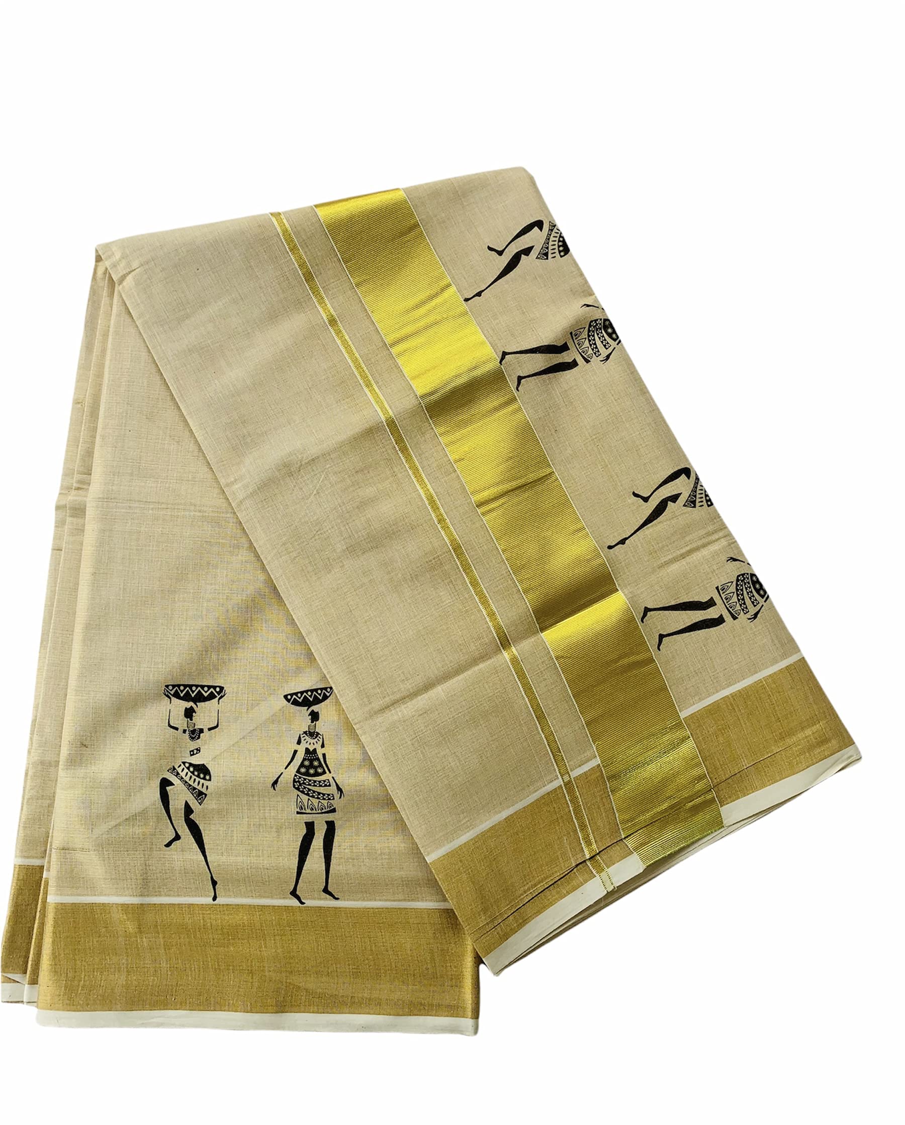 Womens Kuthampully Kerala Kasavu Saree Tissue Mural Painted | Traditional South Indian Saree | Onam Saree - Black Ktm-633