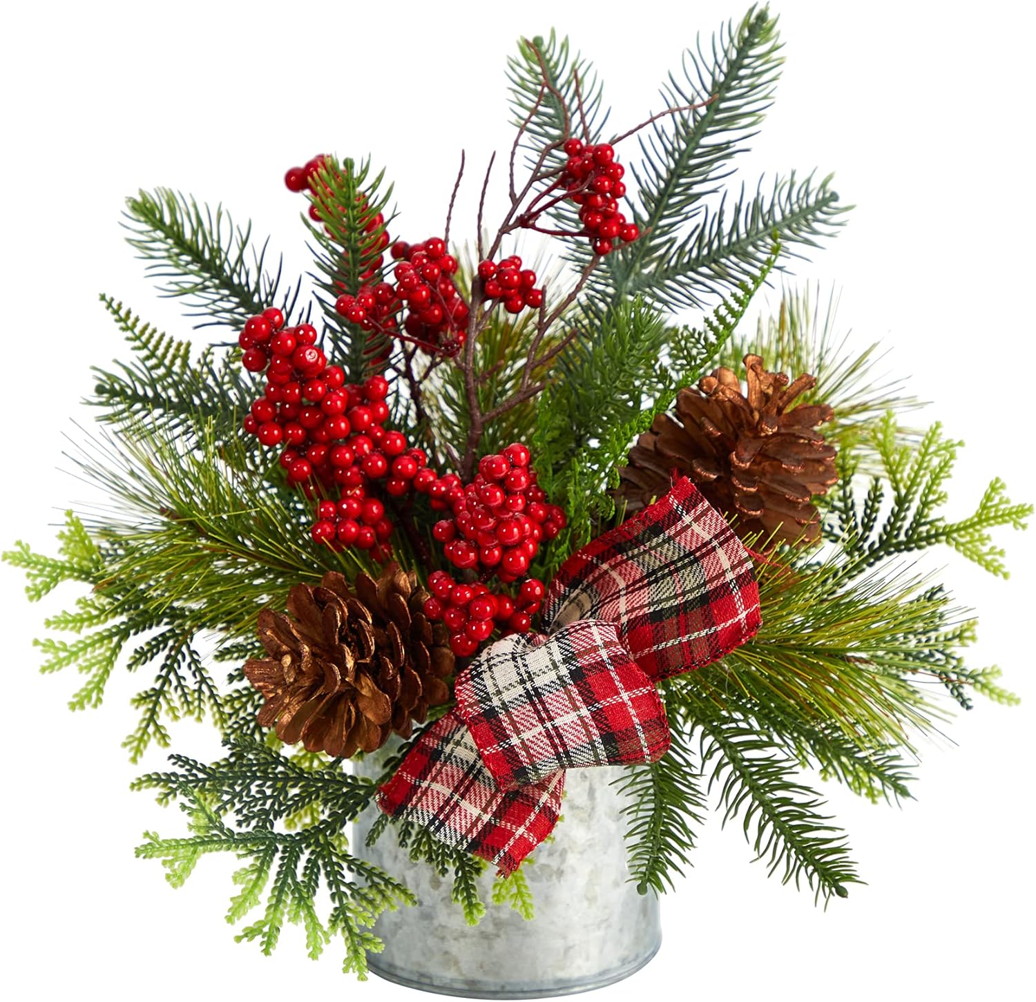 Nearly Natural 12in. Holiday Winter Pinecones, Berries, Greenery and Plaid Bow Artificial Christmas Table Arrangement 10 In