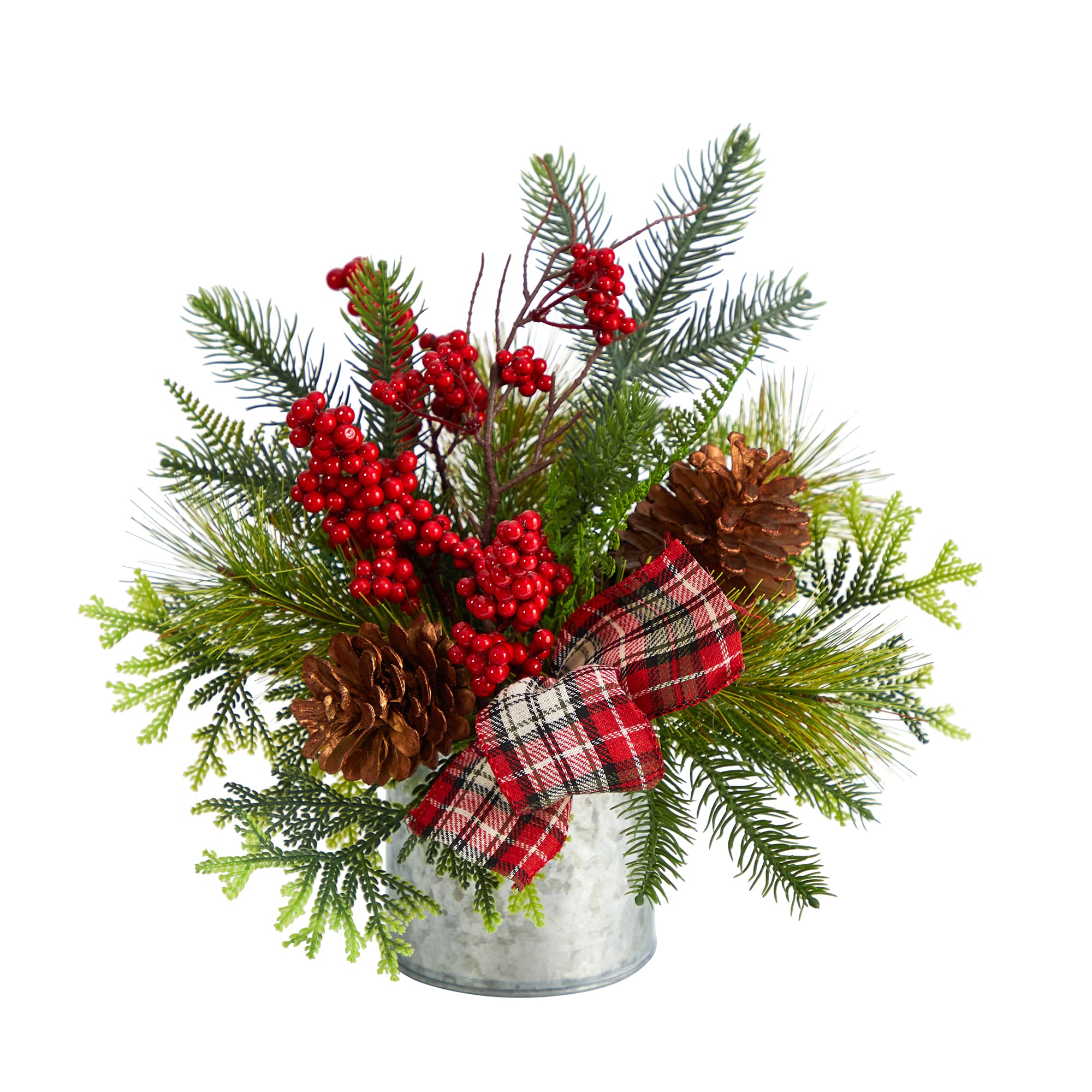 Nearly Natural 12in. Holiday Winter Pinecones, Berries, Greenery and Plaid Bow Artificial Christmas Table Arrangement 10 In