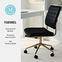 Martha Stewart Ivy Armless Swivel Task Chair in Faux Leather with Polished Brass Frame