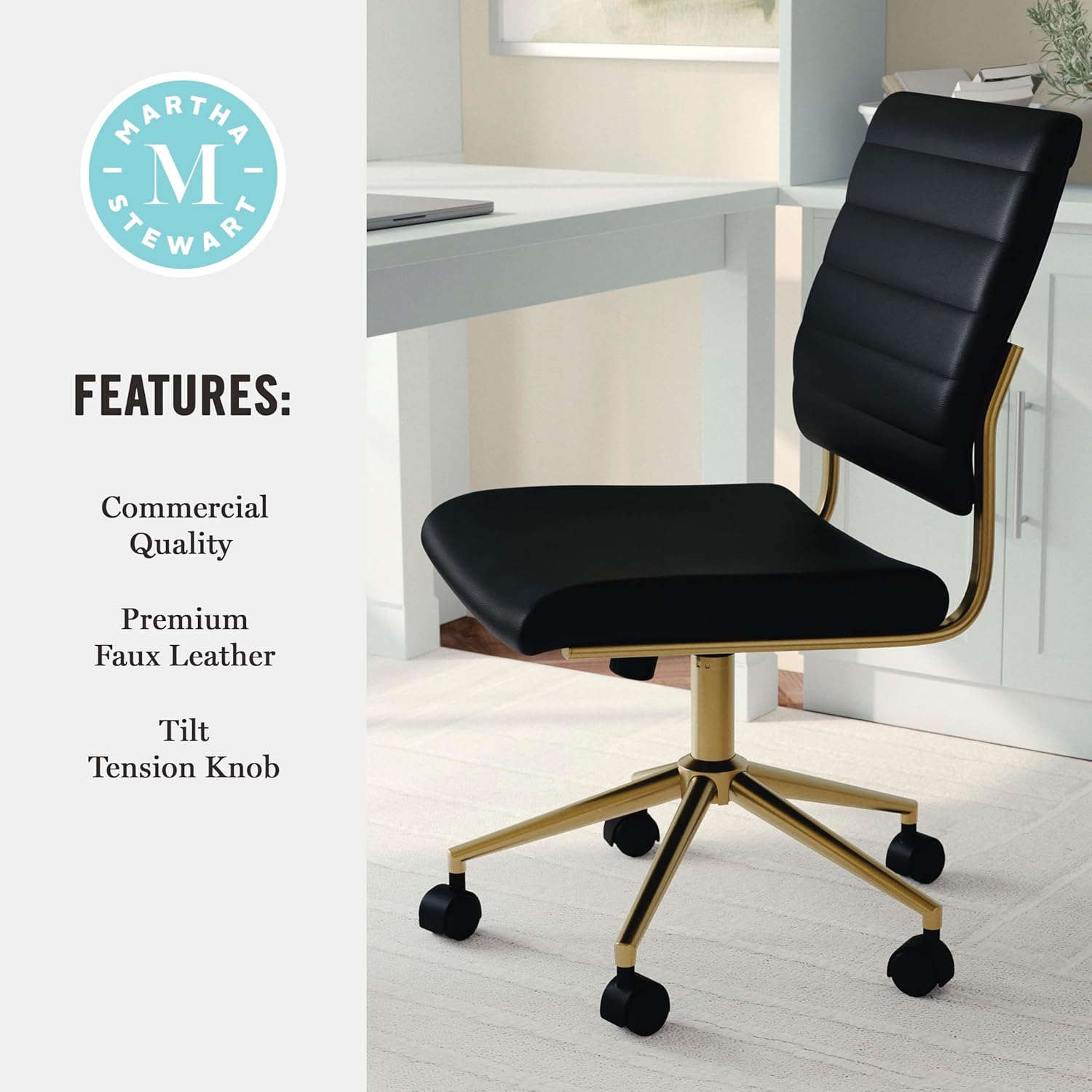 Martha Stewart Ivy Armless Swivel Task Chair in Faux Leather with Polished Brass Frame