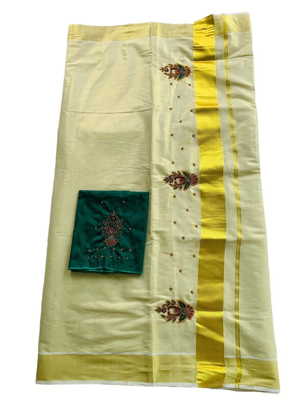 ALLUVY Kuthampully Kerala Kasavu Sarees For Women | Handcrafted Aari work Kerala Sarees | Tissue Onam Saree With Running Blouse | South Indian Sarees | Women's Zari Kasavu | EKM-597 (Green)