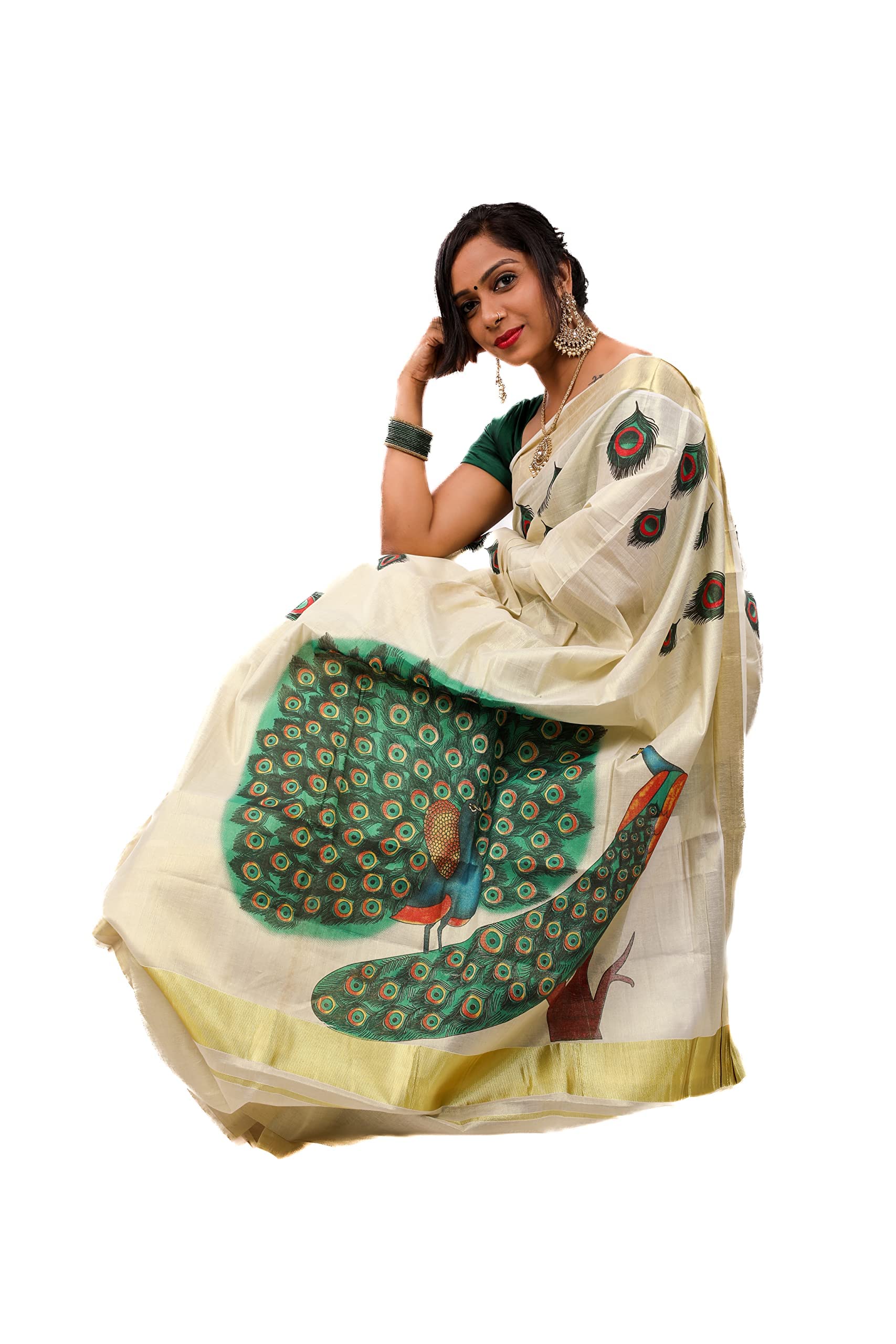 Women's Kuthampully Kerala Kasavu Saree Tissue Mural Painted Peacock with Running Blouse - Multi Color KPSS-758