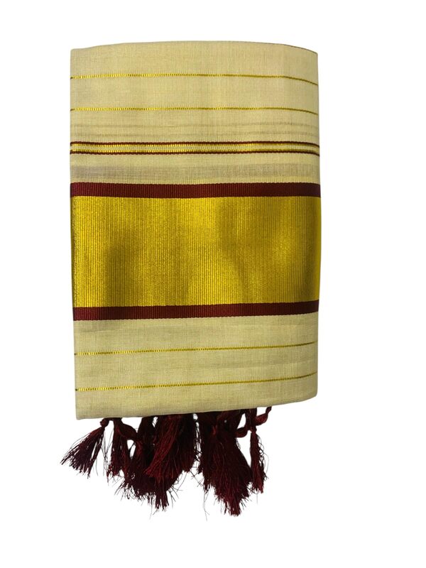 Women's Kuthampully Kerala Kasavu Set mundu Tissue Stripe with Kunjam | Kerala Tissue set mundu onam latest collections | Stripe Kasavu set mundu - Multi Color KTM-911 (Maroon)