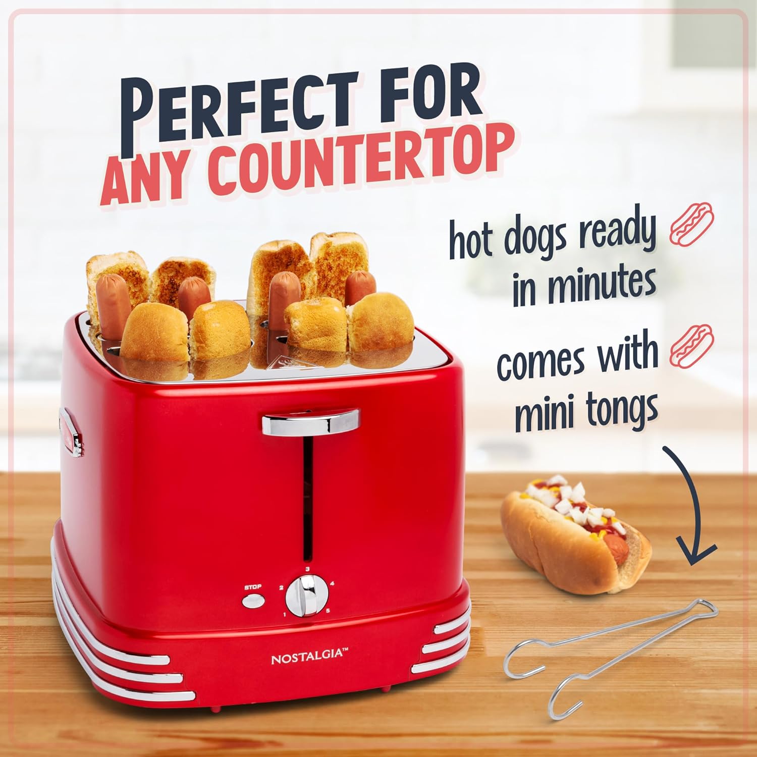 Nostalgia 4 Slot Hot Dog and Bun Toaster with Mini Tongs, Hot Dog Toaster Works with Chicken, Turkey, Veggie Links
