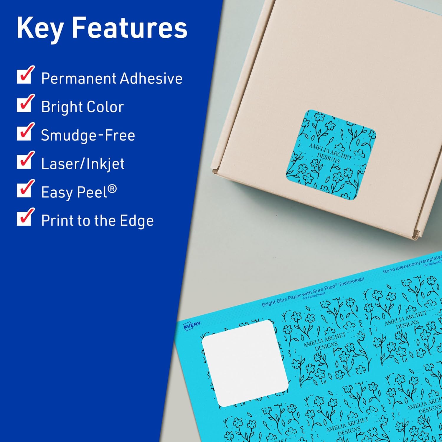 Avery Printable Square Labels, Sure Feed Technology, 2-1/8" x 2-1/8", Bright Blue, Print-to-The-Edge, Laser/Inkjet Printable