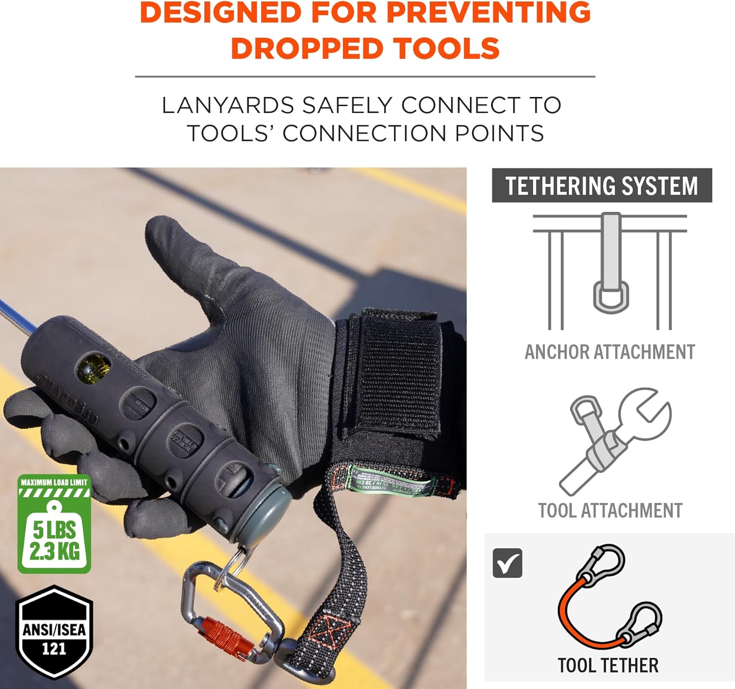 Ergodyne Squids 3122 Wrist Tool Lanyard, Carabiner Tool Tethering Attachment, Tool Weight Rating 5lbs