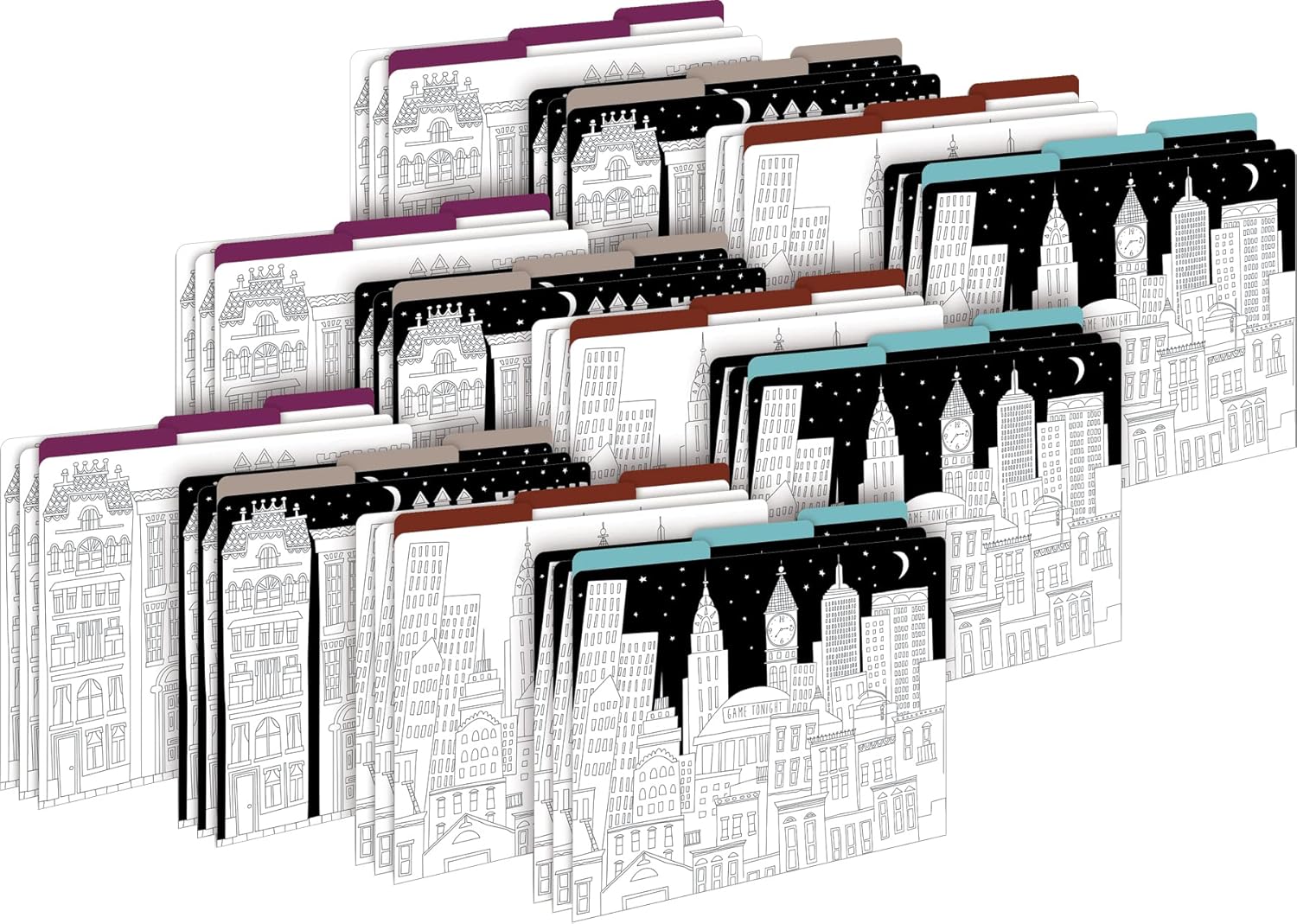 Barker Creek Designer File Folders Set of 36, Color Me! Cityscapes, Multi-Design Set, Adult Coloring Book Style