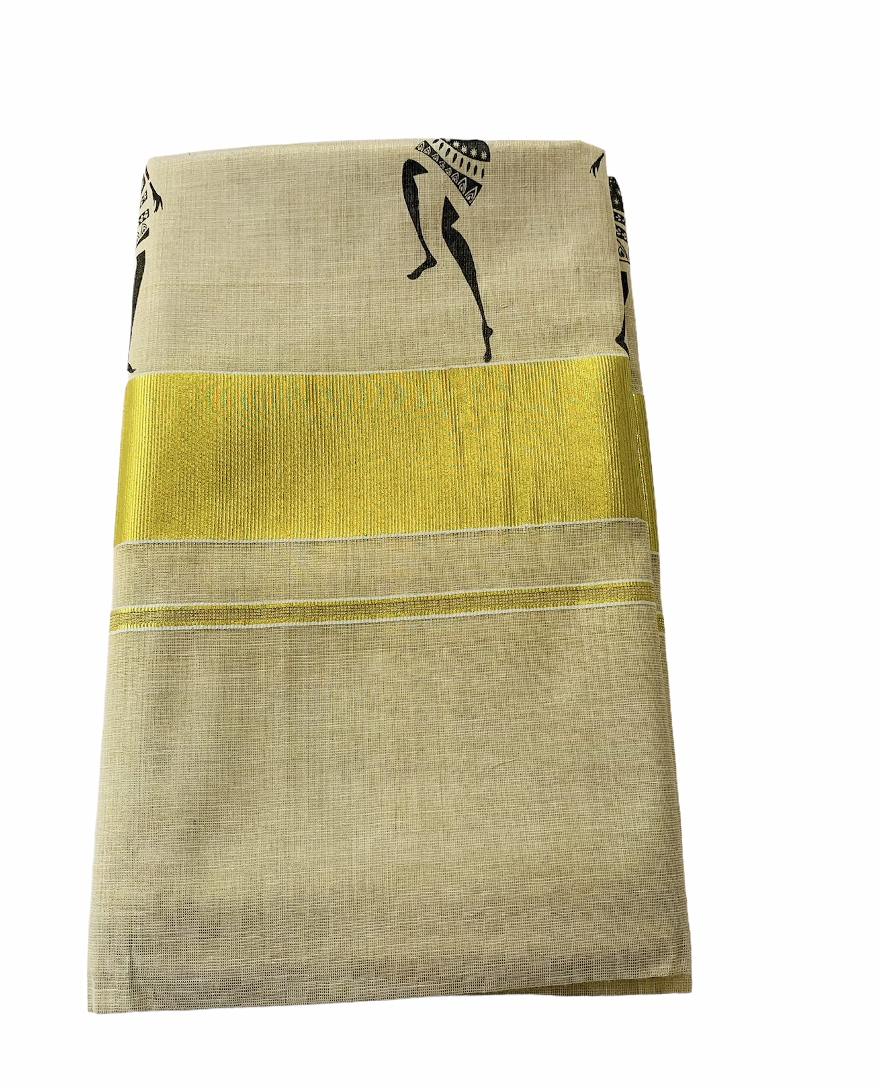 Womens Kuthampully Kerala Kasavu Saree Tissue Mural Painted | Traditional South Indian Saree | Onam Saree - Black Ktm-633