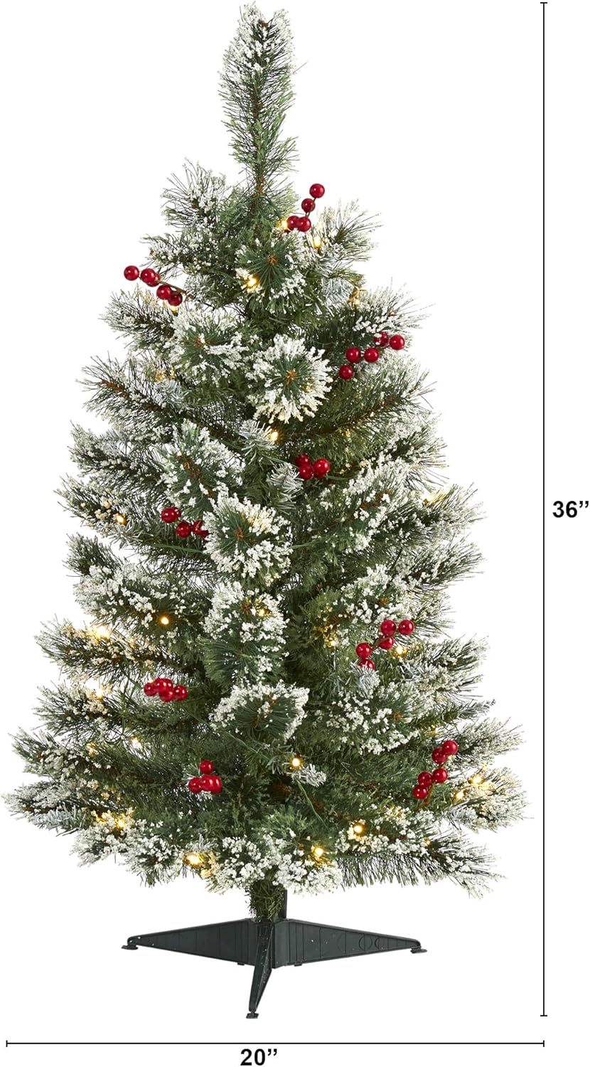 Nearly Natural 3ft. Frosted Swiss Pine Artificial Christmas Tree with 50 Clear LED Lights and Berries