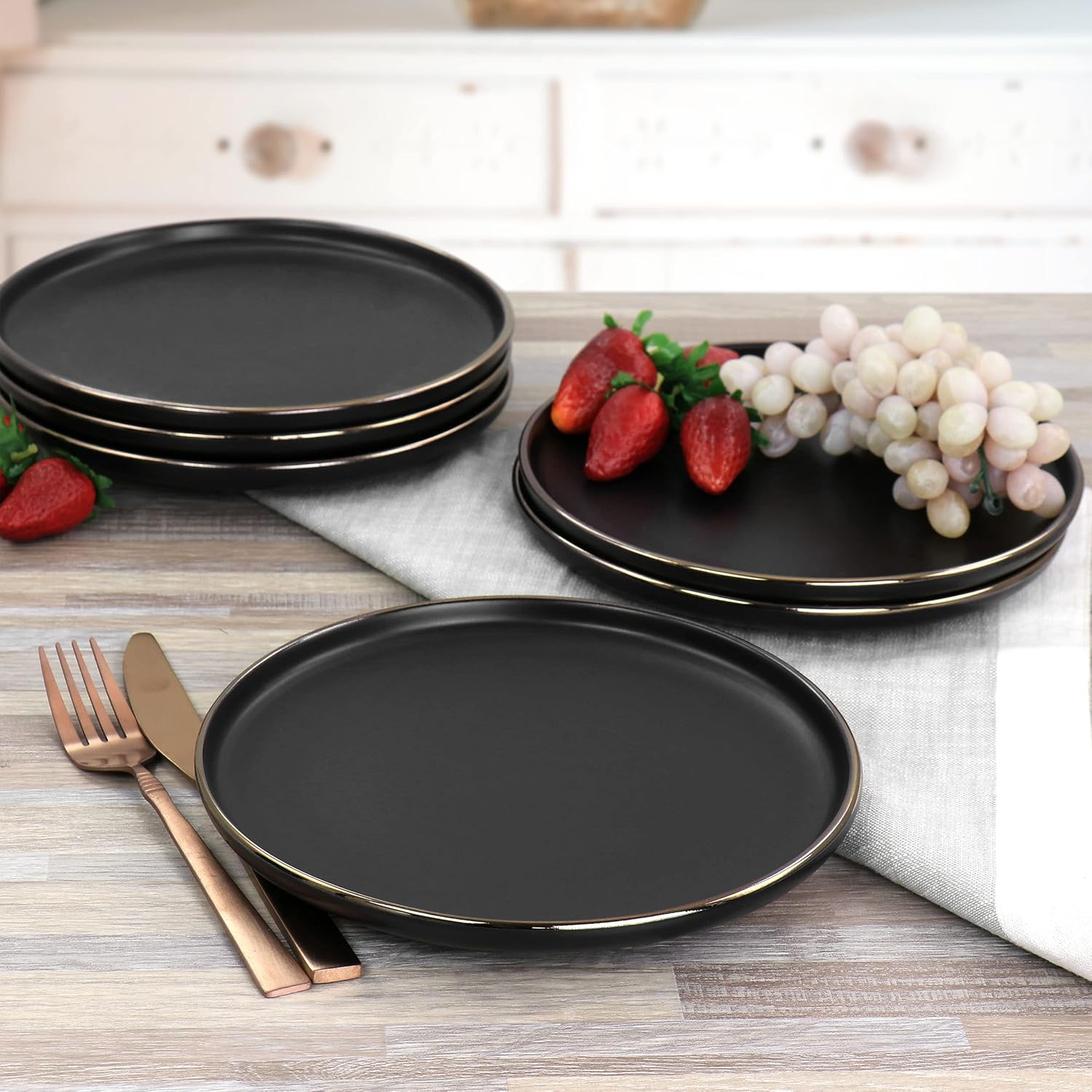 ELAMA 6-Piece Matte Stoneware Salad Plate Set with Gold Rim