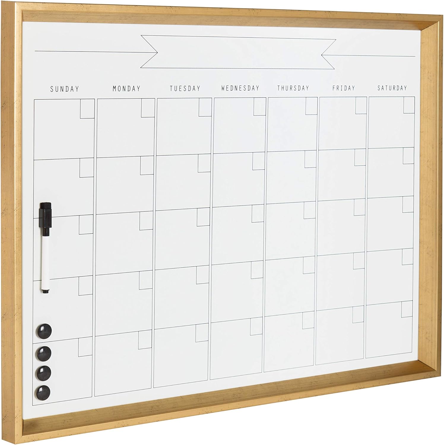 Kate and Laurel Calter Magnetic Framed Dry-Erase Calendar, Melamine, 21-1/4in x 27-1/2in, White, Gold Plastic Frame