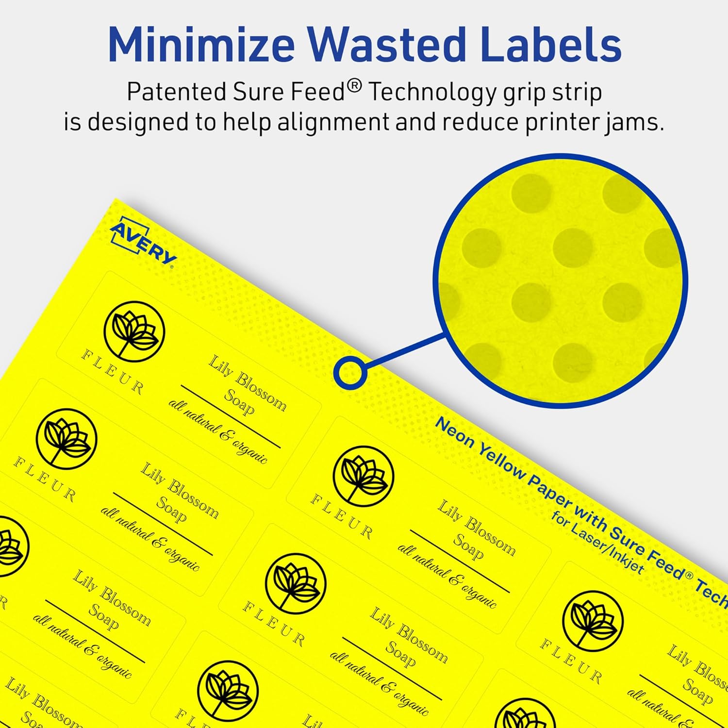 Avery Printable Labels With Sure Feed Technology, 94221-NYP10, Rectangle, 1in x 2-1/2in, Matte Neon Yellow, Pack of 240