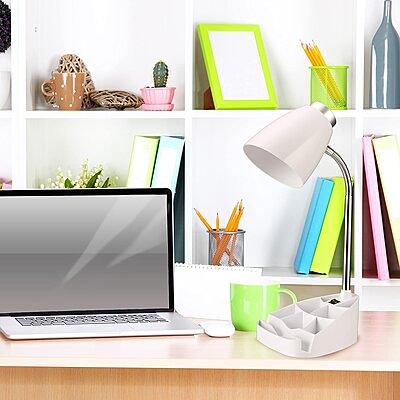 Simple Designs LD1002-WHT Gooseneck Organizer Desk Lamp with iPad Tablet Stand Book Holder, White White 1