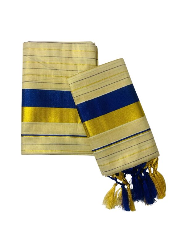 Women's Kuthampully Kerala Kasavu Set mundu Tissue with Kunjam | Kerala Tissue set mundu latest collections | Kuthampully set mundu - Multi color KTM-902 (Blue-Gold)