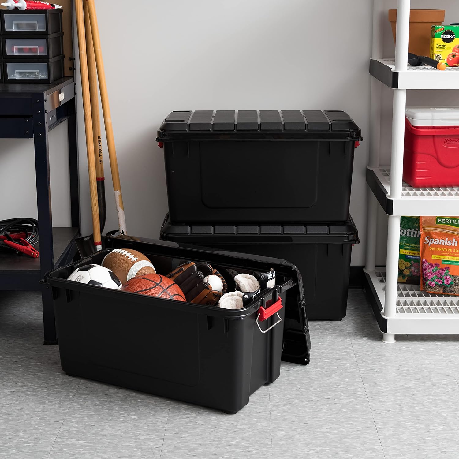 IRIS Weathertight Plastic Storage Containers With Latch Lids, 15 3/8in x 16in x 30in, Black, Case Of 4