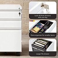 Mount-It! 3 Drawer Mobile File Cabinet with Lock and Wheels