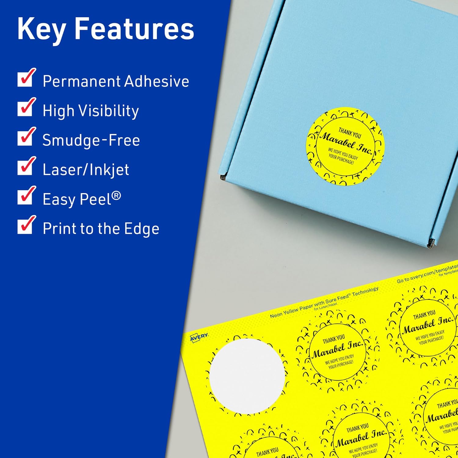 Avery Printable Round Labels, Sure Feed Technology, 1.5" Diameter, Neon Yellow, Print-to-the-Edge, Laser/Inkjet