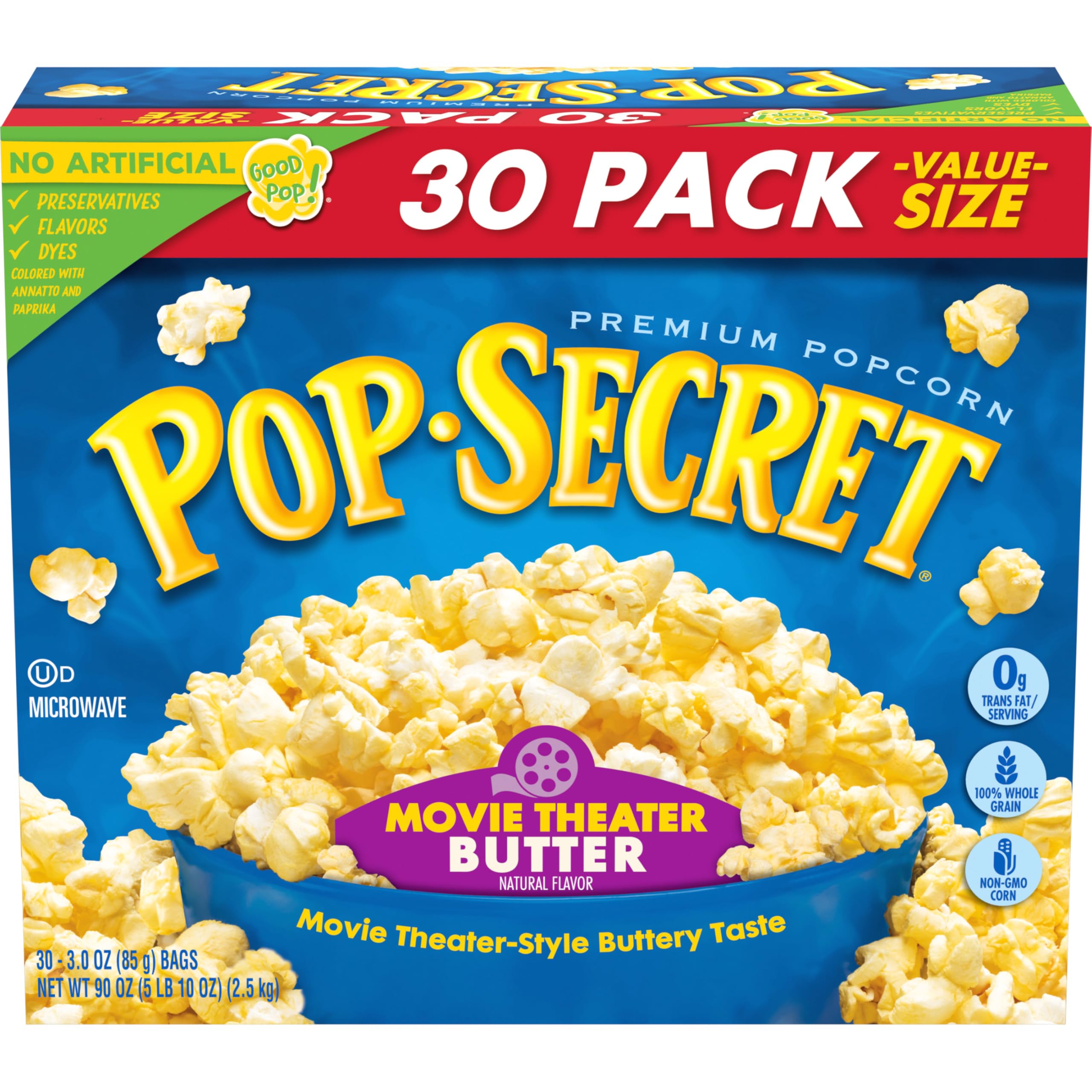 Pop Secret Microwave Popcorn, Movie Theater Butter Flavor, 3 Oz Sharing Bags, 30 Ct Movie Theater Butter 3 Ounce (Pack of 30)