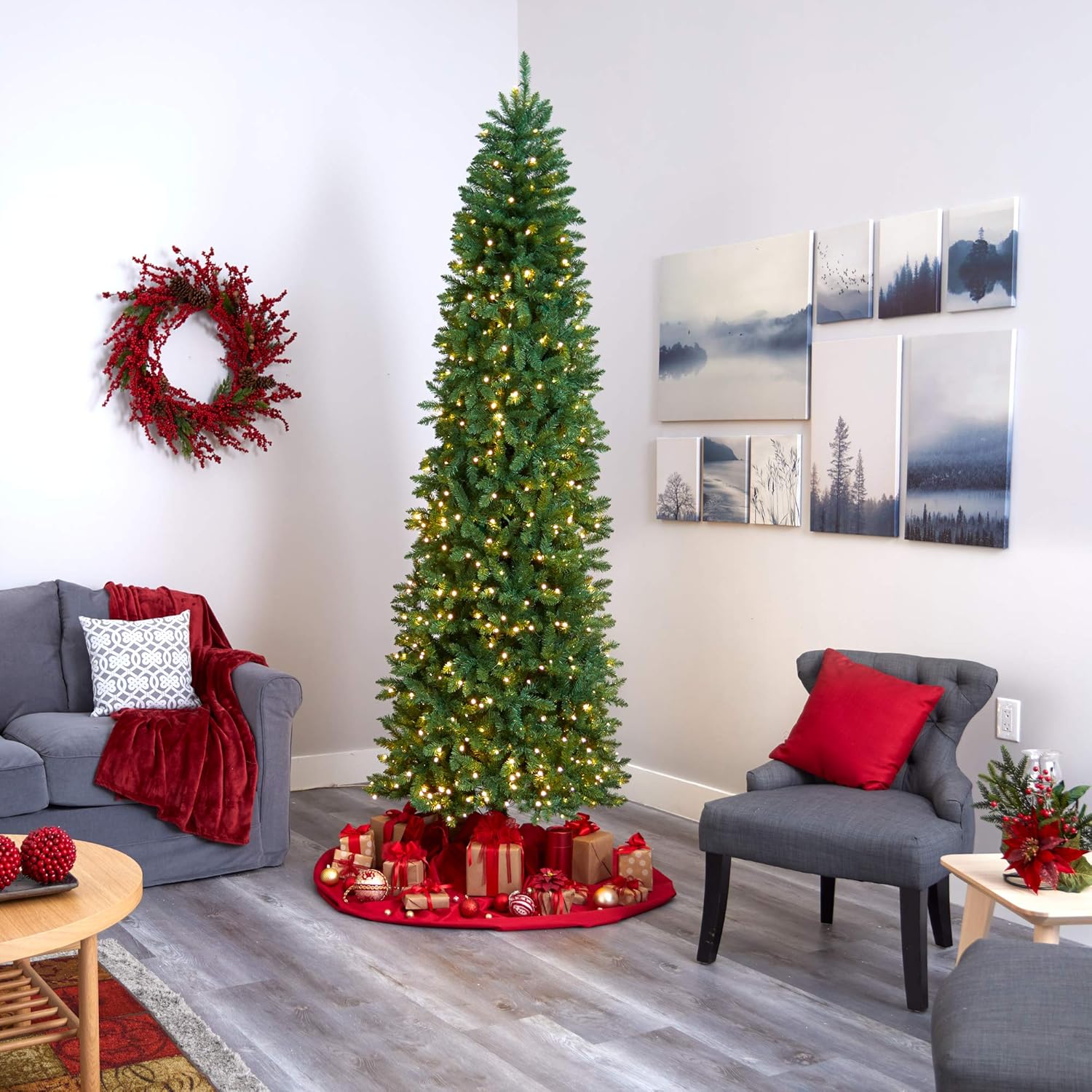 Nearly Natural 9ft. Slim Green Mountain Pine Artificial Christmas Tree with 600 Clear LED Lights 9ft Green