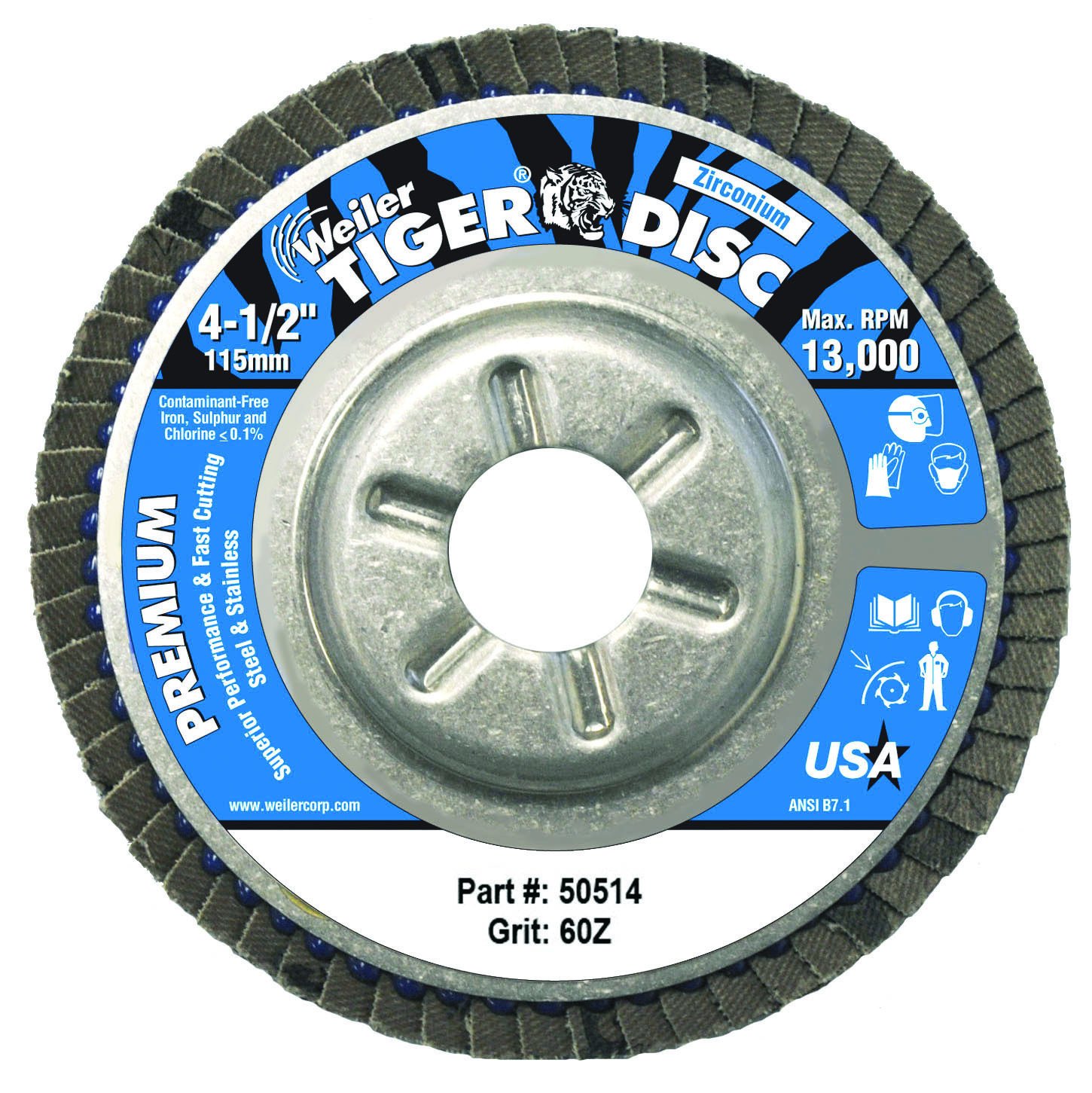 Weiler 804-50514 Tiger Premium Type 29 Angled Flap Disc, Zirconia Alumina, 4-1/2", 60 Grit, 7/8", 13000 rpm