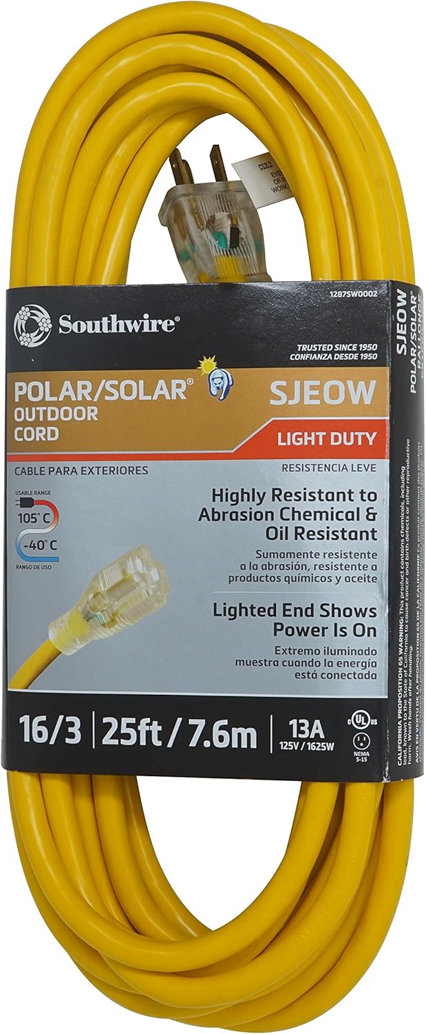 Southwire Polar/Solar Light Duty Extension Cord, 25Ft, 16 Gauge, 3 Conductor, Lighted Ends, SJEOW, Yellow, 1287SW0002