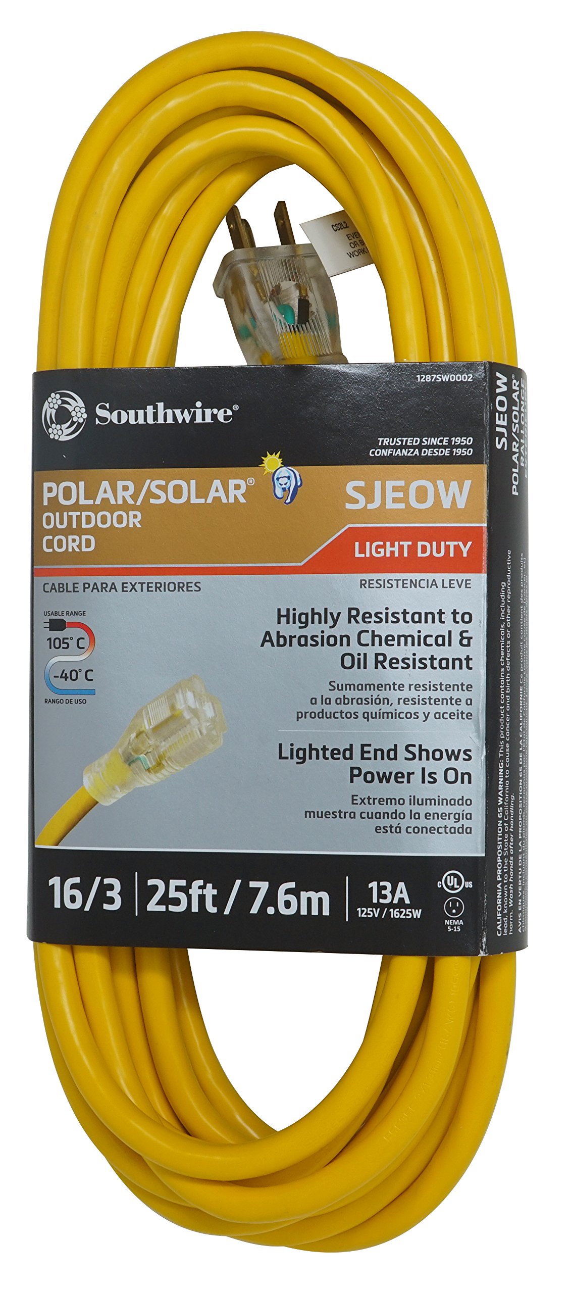 Southwire Polar/Solar Light Duty Extension Cord, 25Ft, 16 Gauge, 3 Conductor, Lighted Ends, SJEOW, Yellow, 1287SW0002