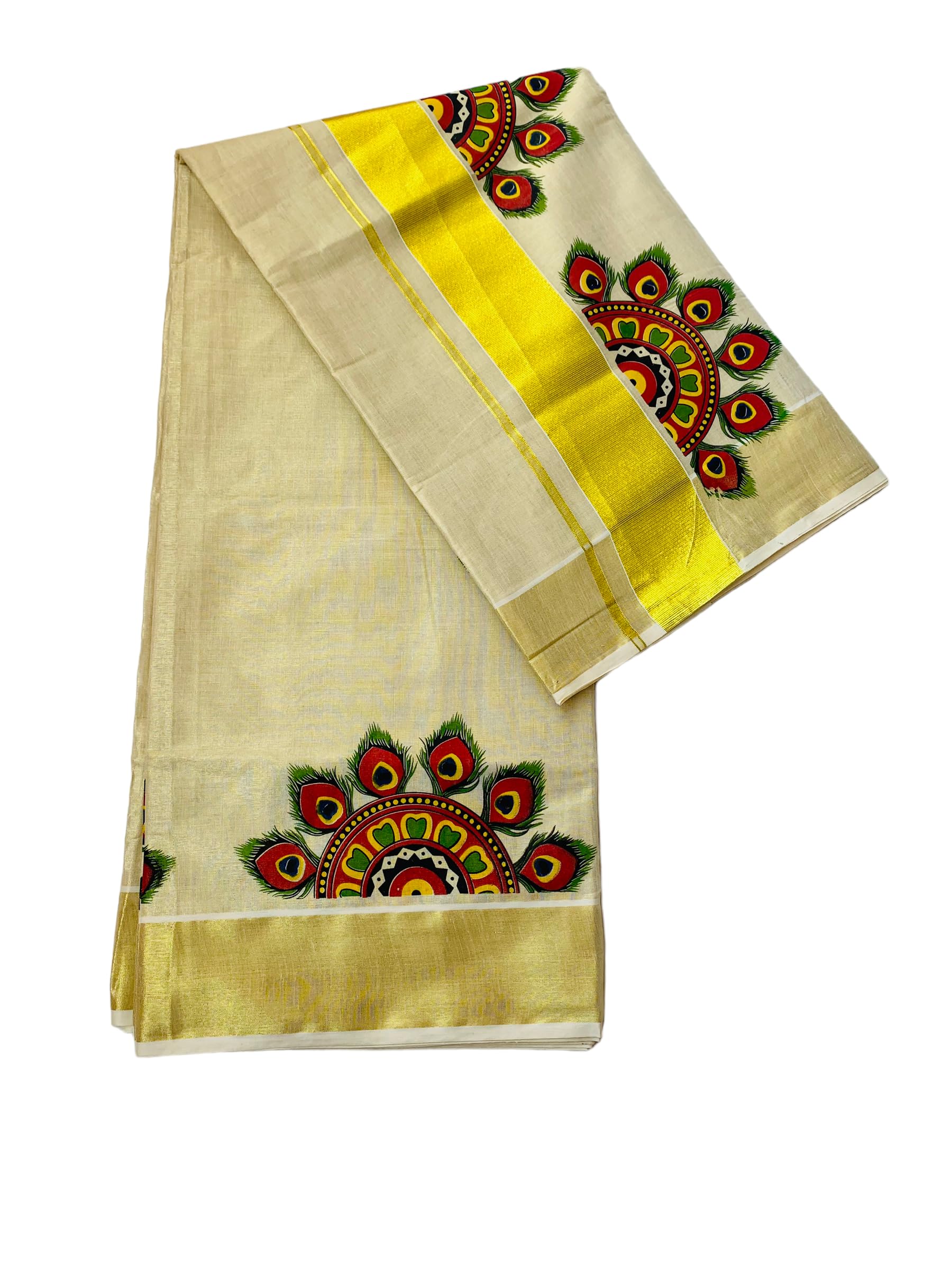 Women Kuthampully Kerala Kasavu Saree Tissue Mural Painted | Traditional South Indian Saree | Onam Saree - Multi Color Ekm-798
