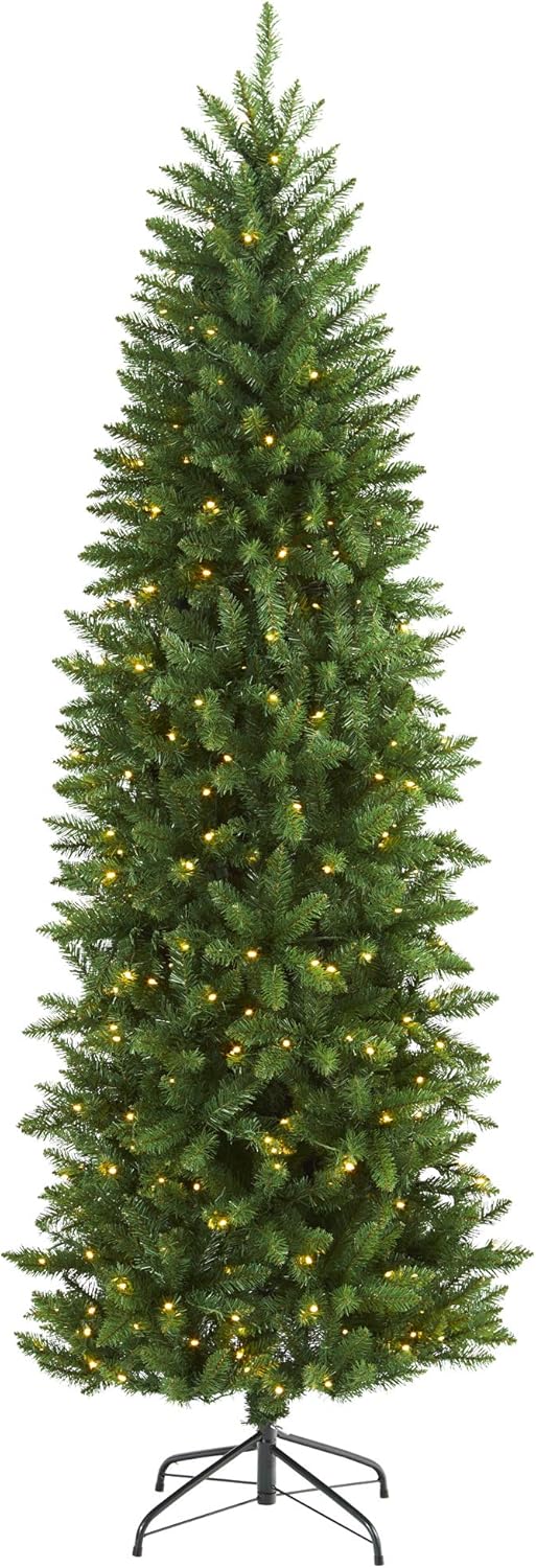 Nearly Natural 6.5ft. Slim Green Mountain Pine Artificial Christmas Tree with 300 Clear LED Lights 6ft 6in Green
