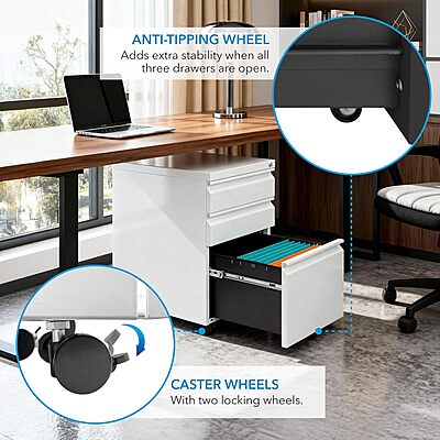 Mount-It! 3 Drawer Mobile File Cabinet with Lock and Wheels