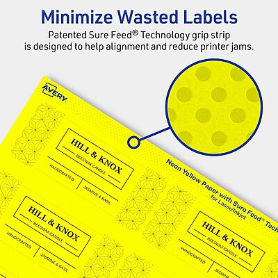 Avery Printable Rectangle Labels, Sure Feed Technology, 1-1/2" x 3-3/4", Neon Yellow Labels, Print-to-The-Edge