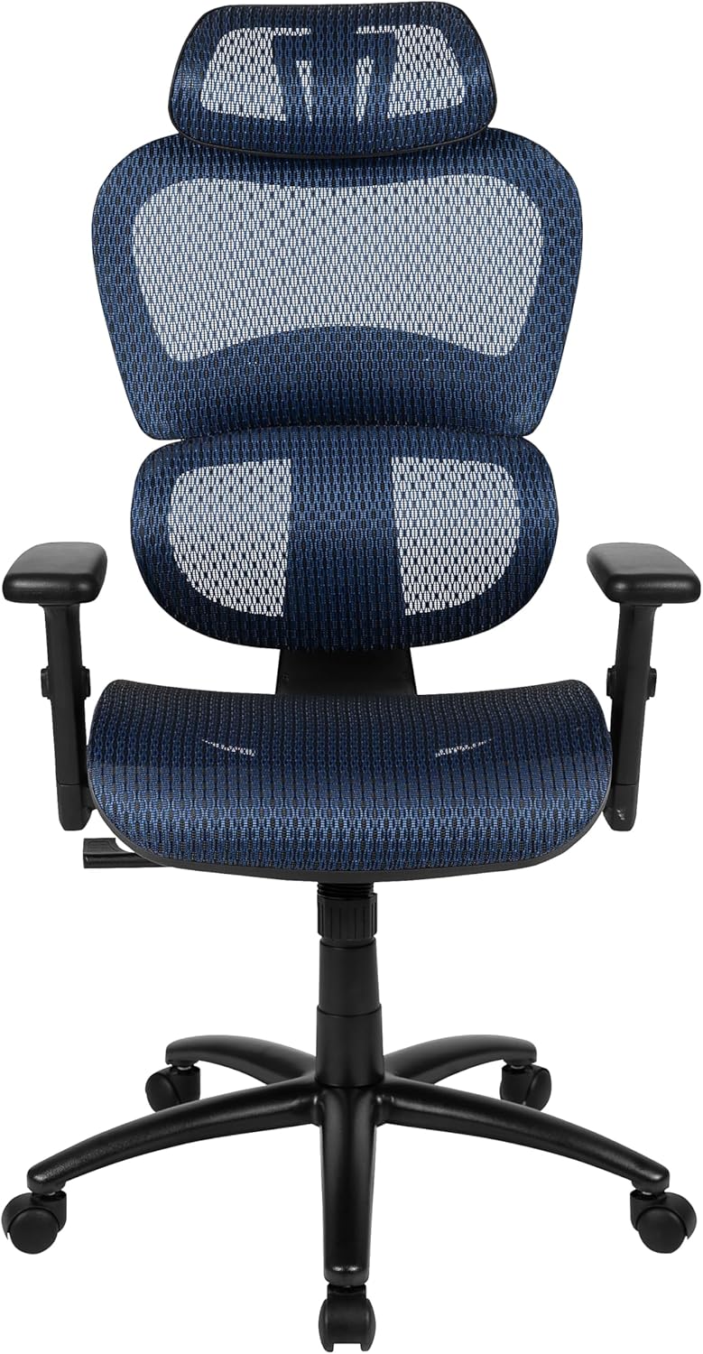 Flash Furniture LO Ergonomic Mesh Office Chair with 2-to-1 Synchro-Tilt, Adjustable Headrest, Lumbar Support - Arms in Blue